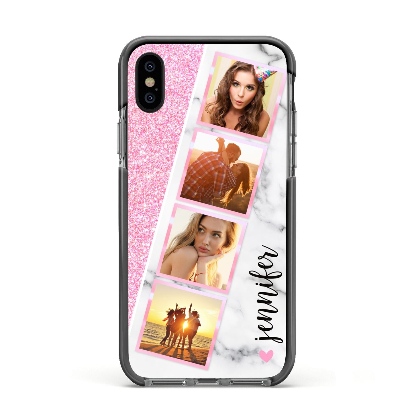 Personalised Pink Marble Photo Strip Apple iPhone Xs Impact Case Black Edge on Black Phone
