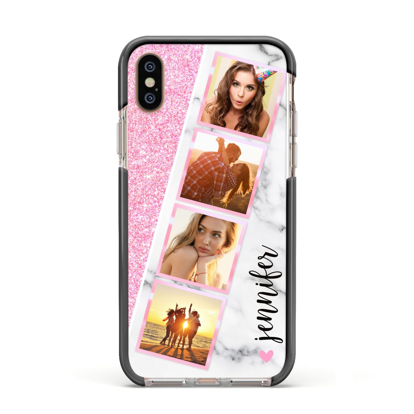 Personalised Pink Marble Photo Strip Apple iPhone Xs Impact Case Black Edge on Gold Phone