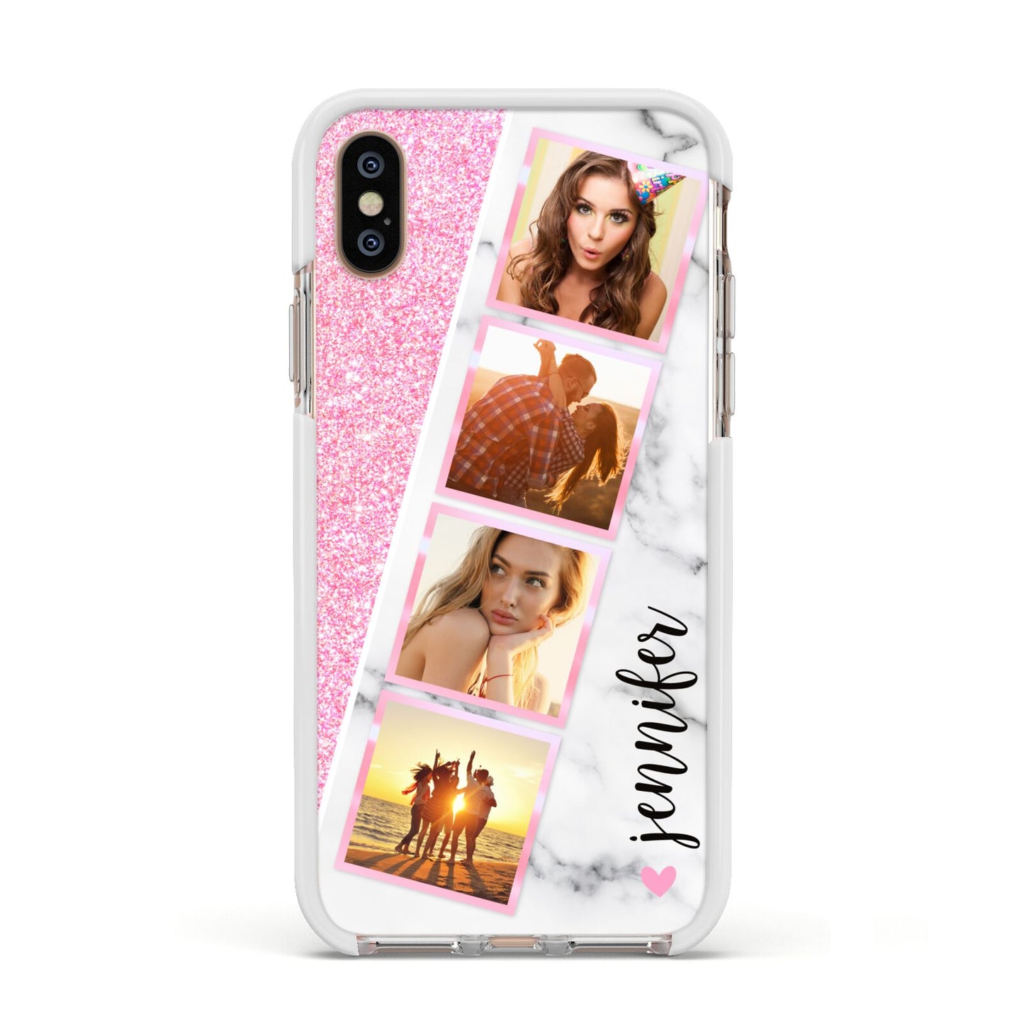 Personalised Pink Marble Photo Strip Apple iPhone Xs Impact Case White Edge on Gold Phone