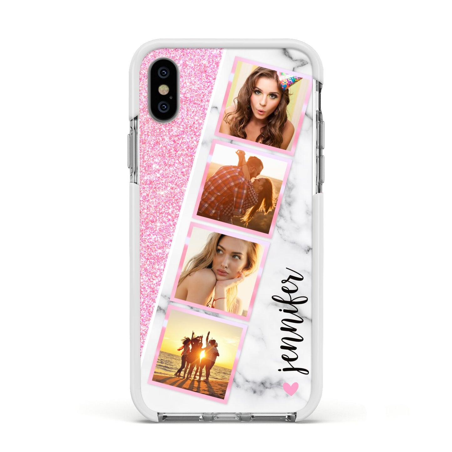 Personalised Pink Marble Photo Strip Apple iPhone Xs Impact Case White Edge on Silver Phone