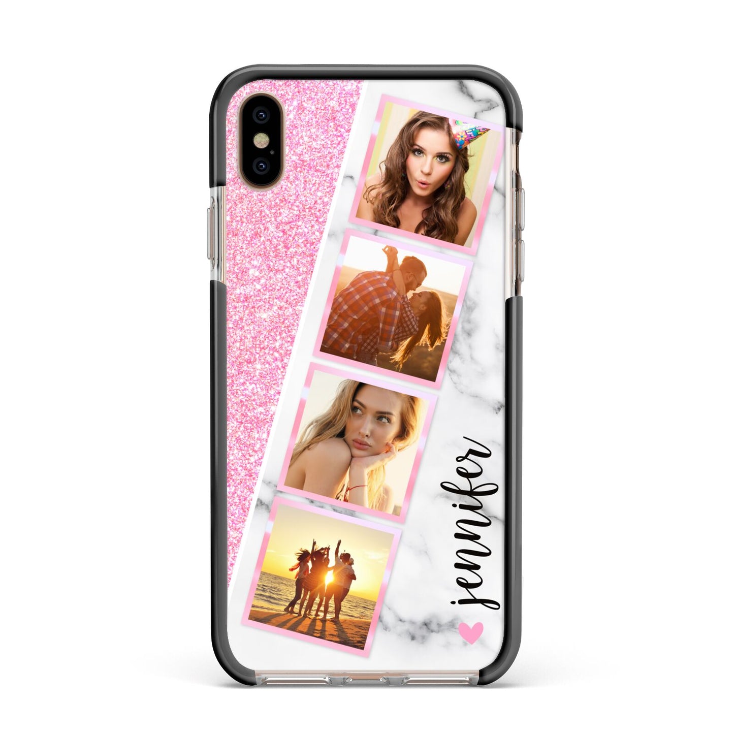Personalised Pink Marble Photo Strip Apple iPhone Xs Max Impact Case Black Edge on Gold Phone