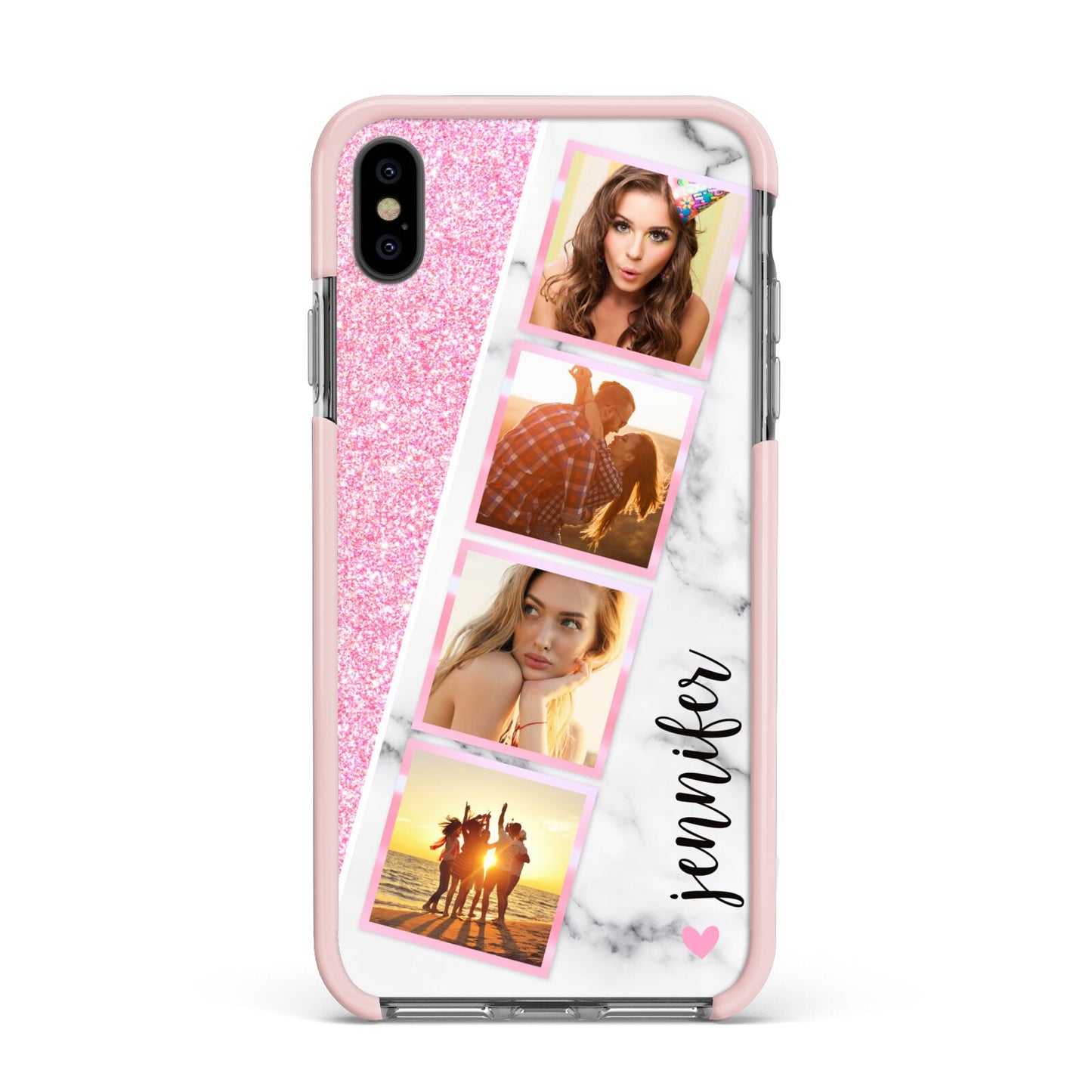 Personalised Pink Marble Photo Strip Apple iPhone Xs Max Impact Case Pink Edge on Black Phone