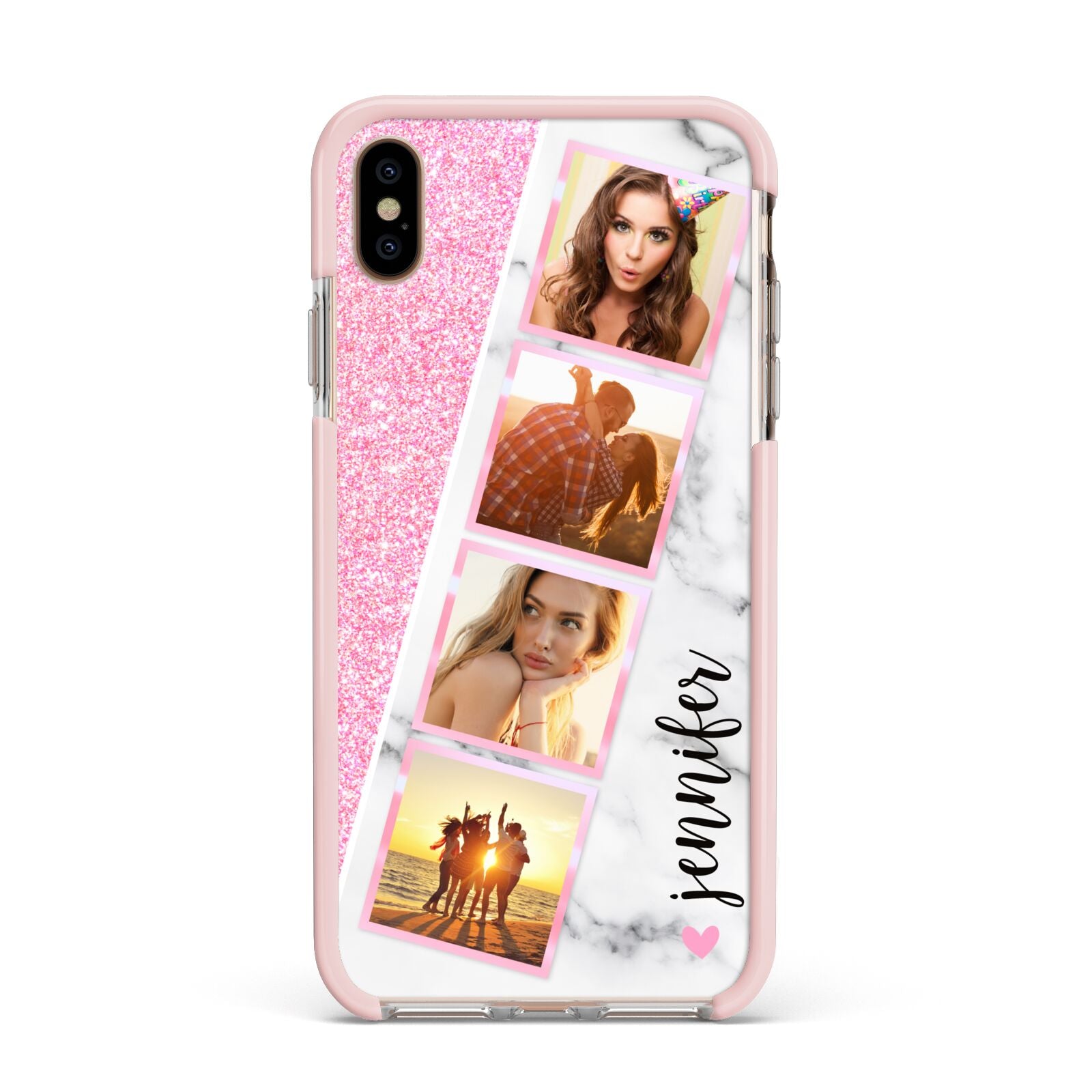 Personalised Pink Marble Photo Strip Apple iPhone Xs Max Impact Case Pink Edge on Gold Phone