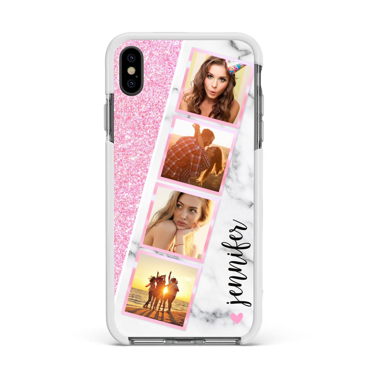 Personalised Pink Marble Photo Strip Apple iPhone Xs Max Impact Case White Edge on Black Phone