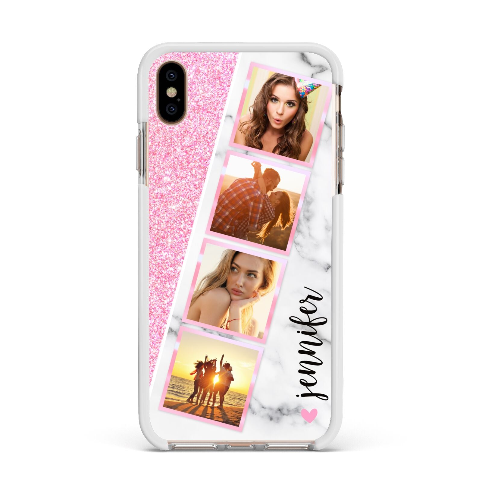 Personalised Pink Marble Photo Strip Apple iPhone Xs Max Impact Case White Edge on Gold Phone