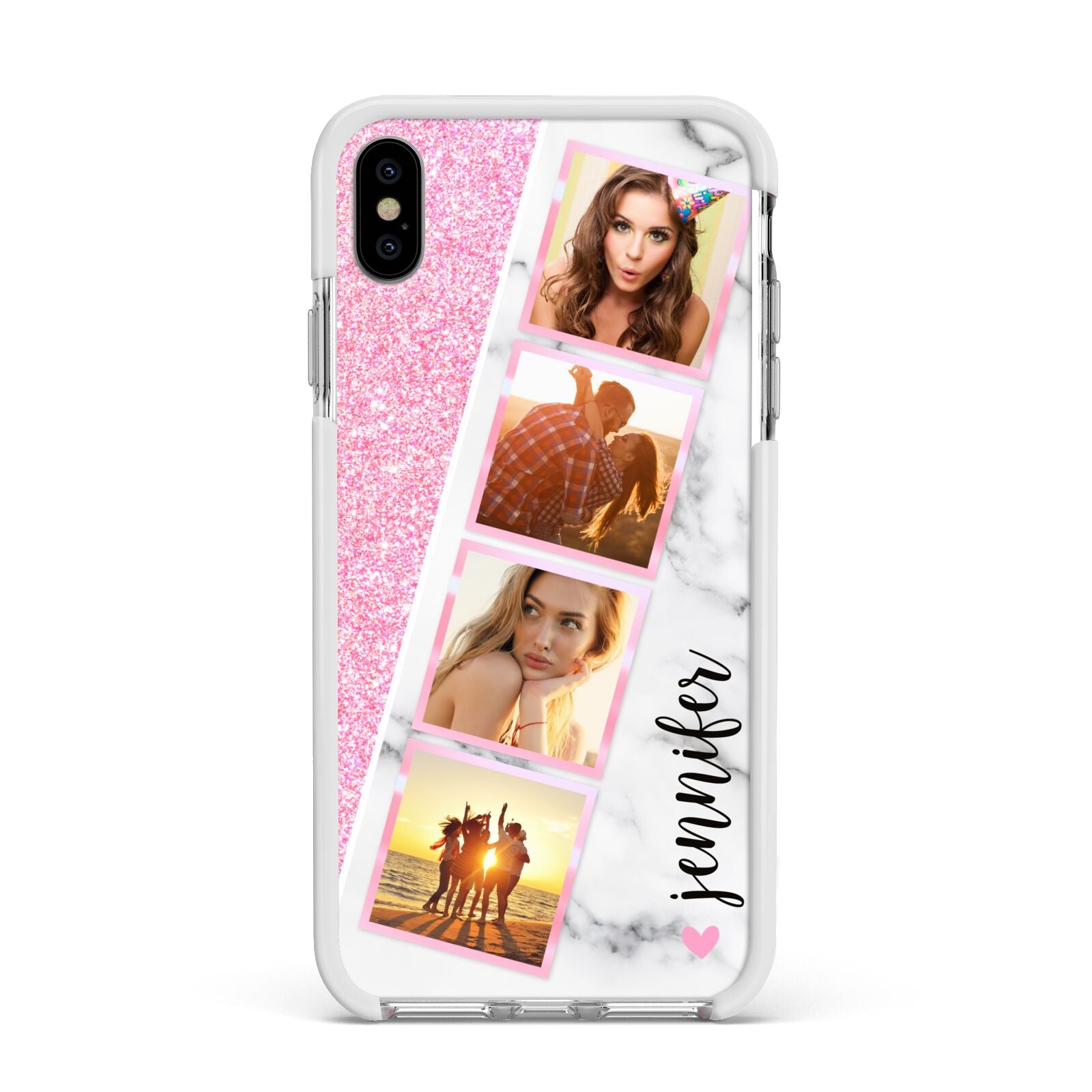Personalised Pink Marble Photo Strip Apple iPhone Xs Max Impact Case White Edge on Silver Phone