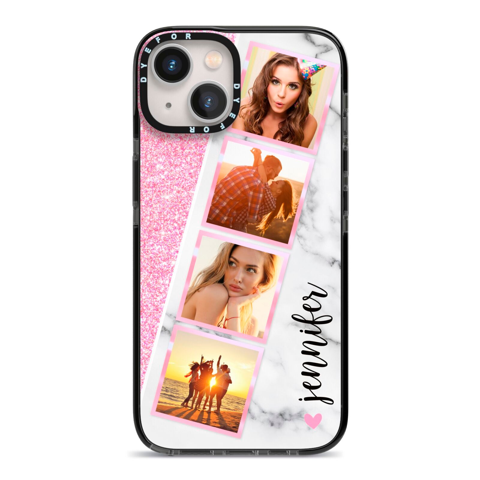 Personalised Pink Marble Photo Strip iPhone 13 Black Impact Case on Silver phone
