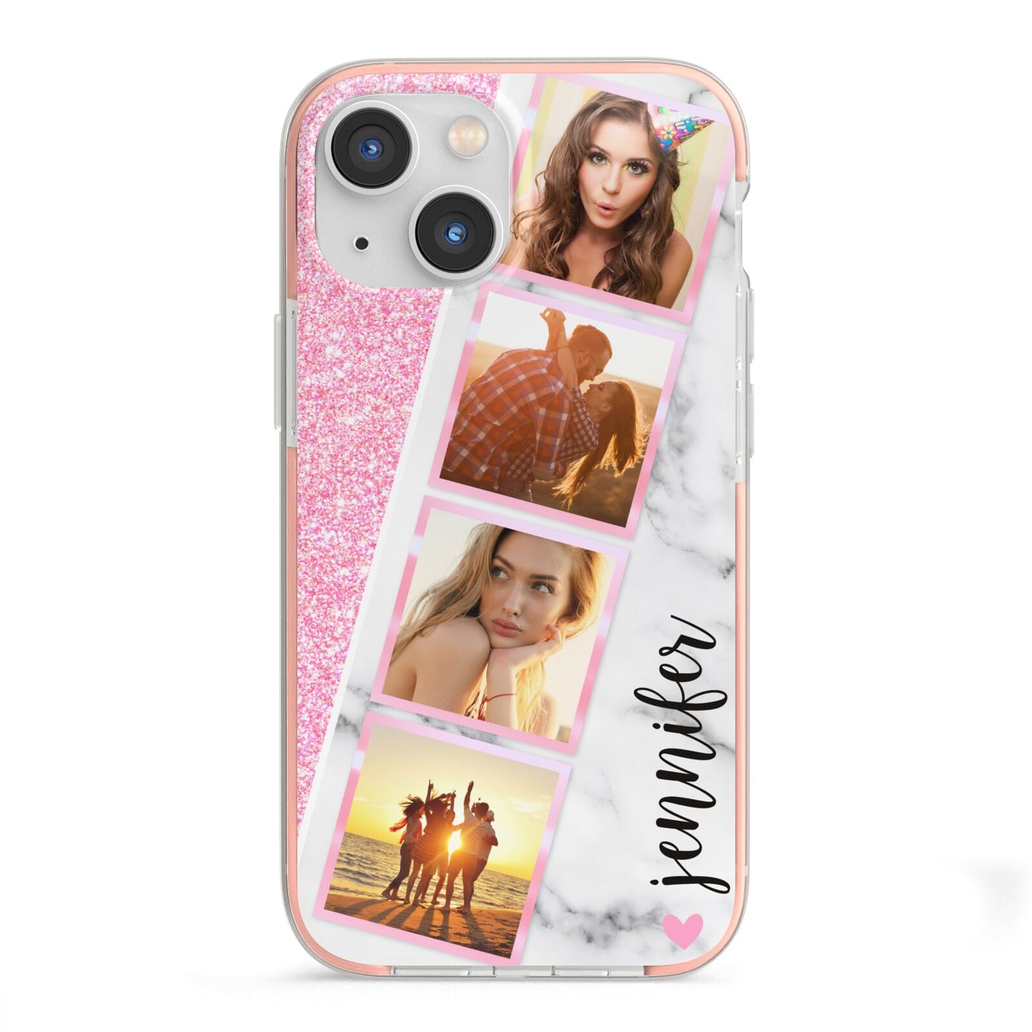 Personalised Pink Marble Photo Strip iPhone 13 Mini TPU Impact Case with Pink Edges