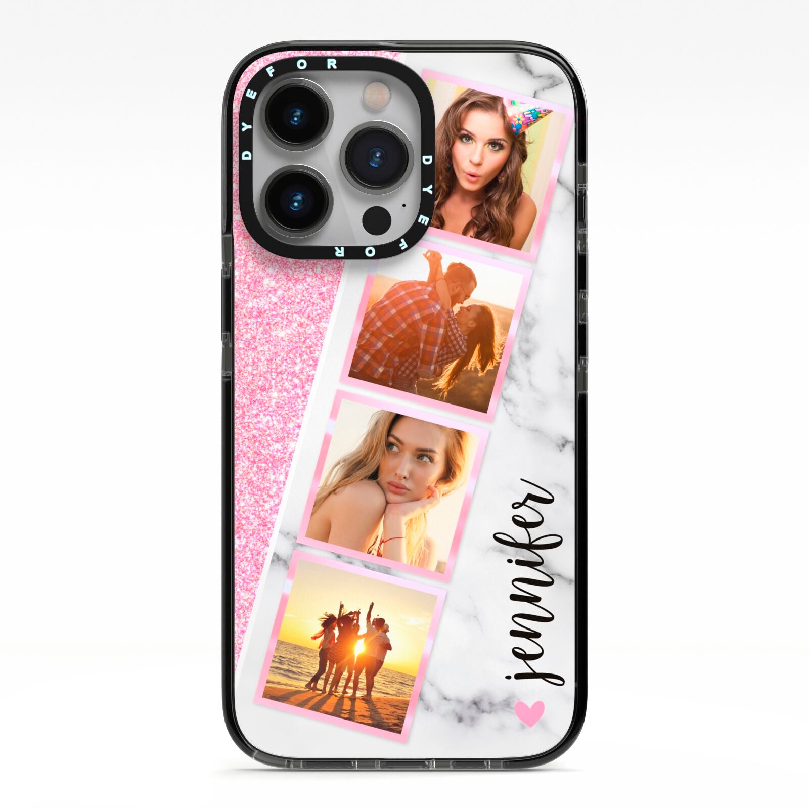 Personalised Pink Marble Photo Strip iPhone 13 Pro Black Impact Case on Silver phone