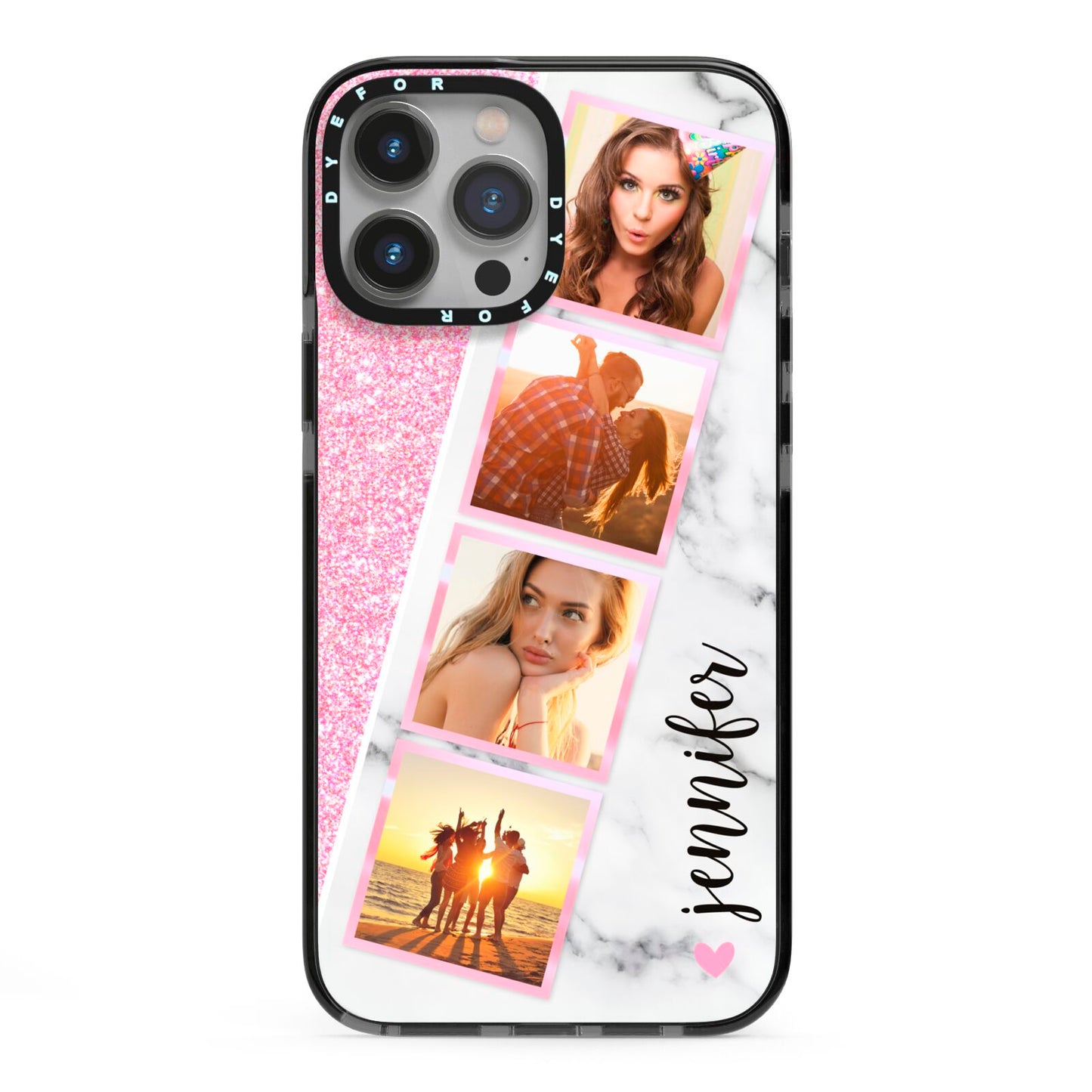 Personalised Pink Marble Photo Strip iPhone 13 Pro Max Black Impact Case on Silver phone