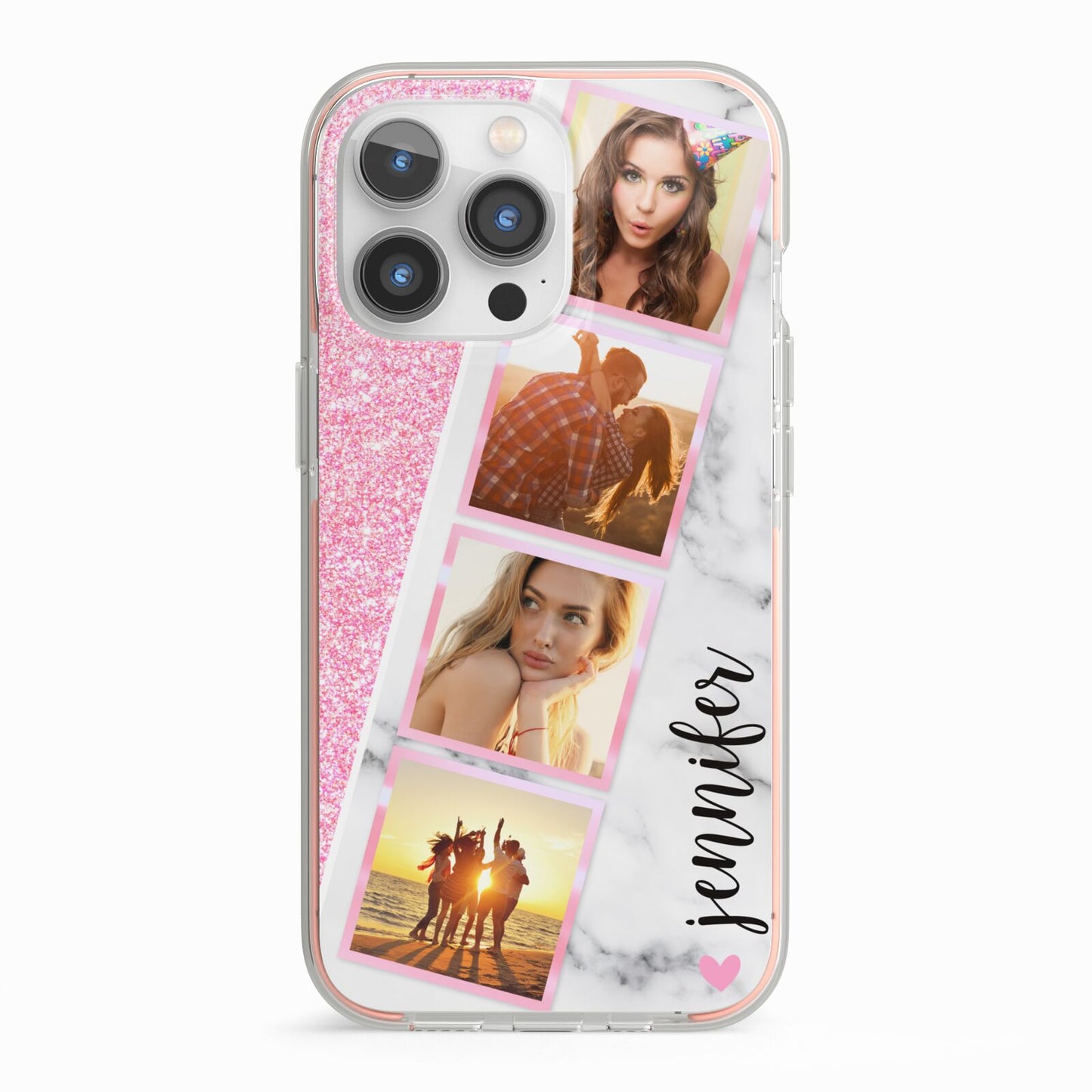Personalised Pink Marble Photo Strip iPhone 13 Pro TPU Impact Case with Pink Edges