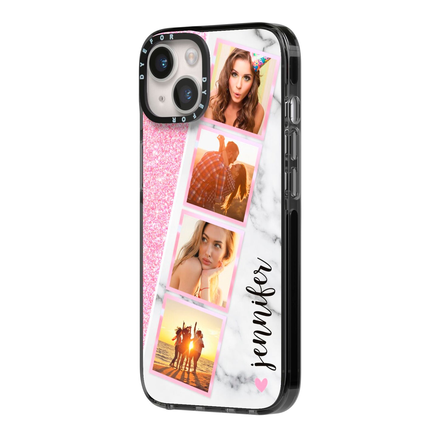 Personalised Pink Marble Photo Strip iPhone 14 Black Impact Case Side Angle on Silver phone