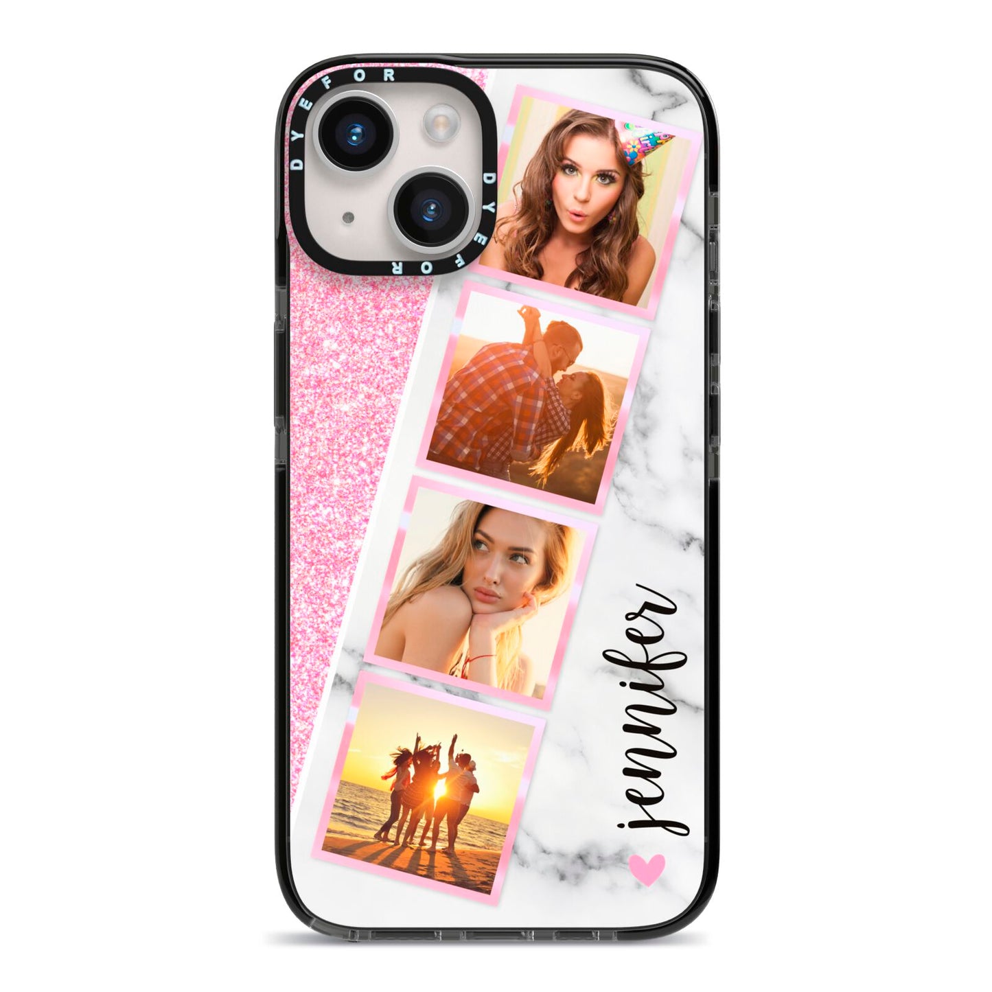 Personalised Pink Marble Photo Strip iPhone 14 Black Impact Case on Silver phone
