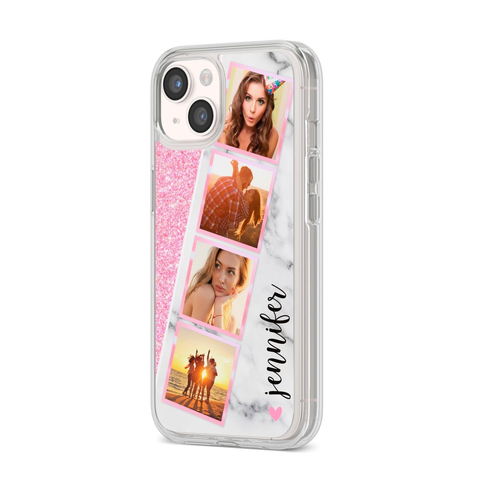 Personalised Pink Marble Photo Strip iPhone 14 Clear Tough Case Starlight Angled Image