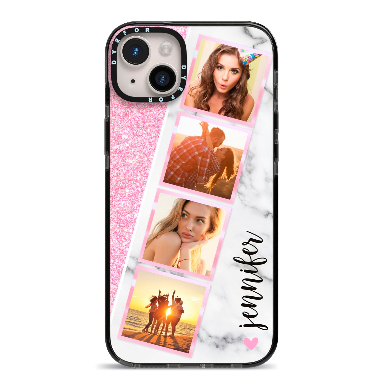 Personalised Pink Marble Photo Strip iPhone 14 Plus Black Impact Case on Silver phone