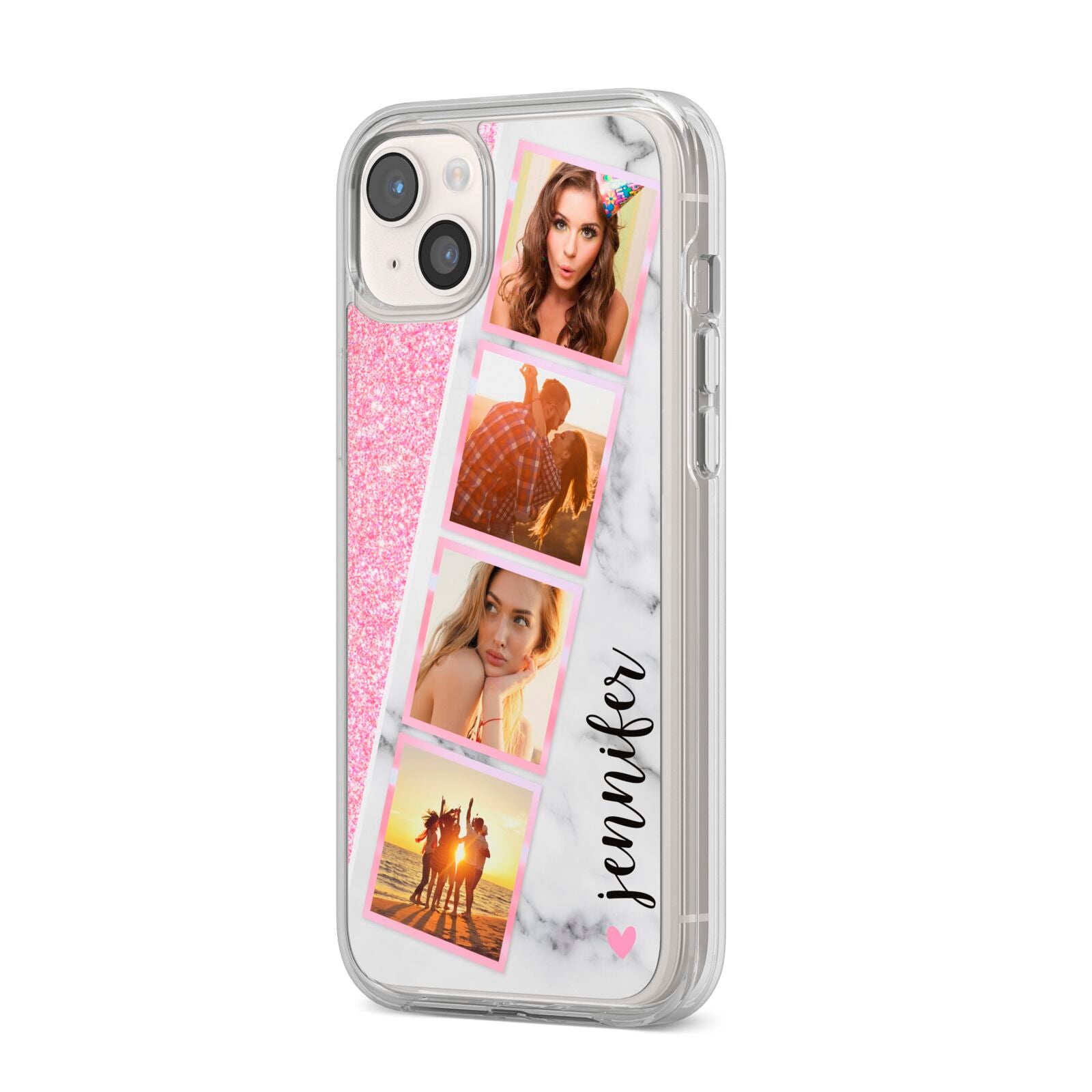 Personalised Pink Marble Photo Strip iPhone 14 Plus Clear Tough Case Starlight Angled Image