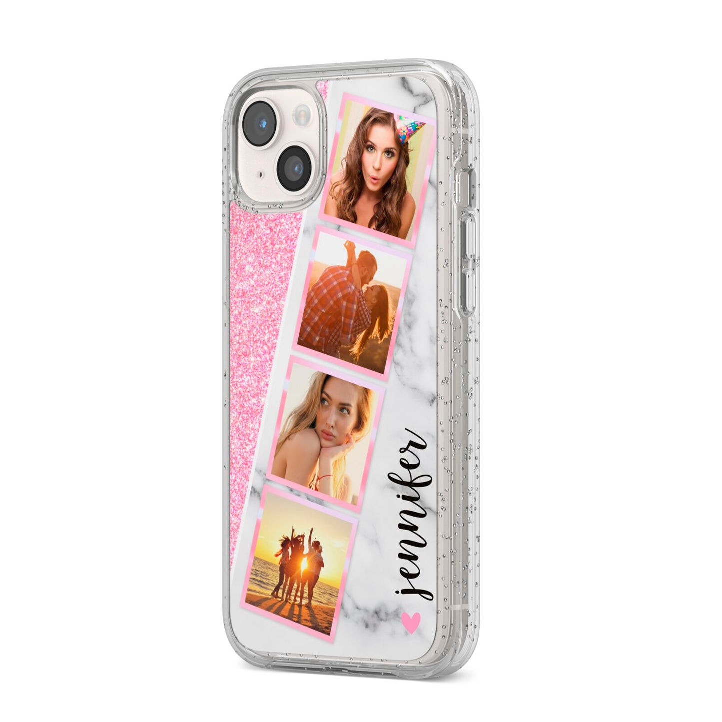 Personalised Pink Marble Photo Strip iPhone 14 Plus Glitter Tough Case Starlight Angled Image