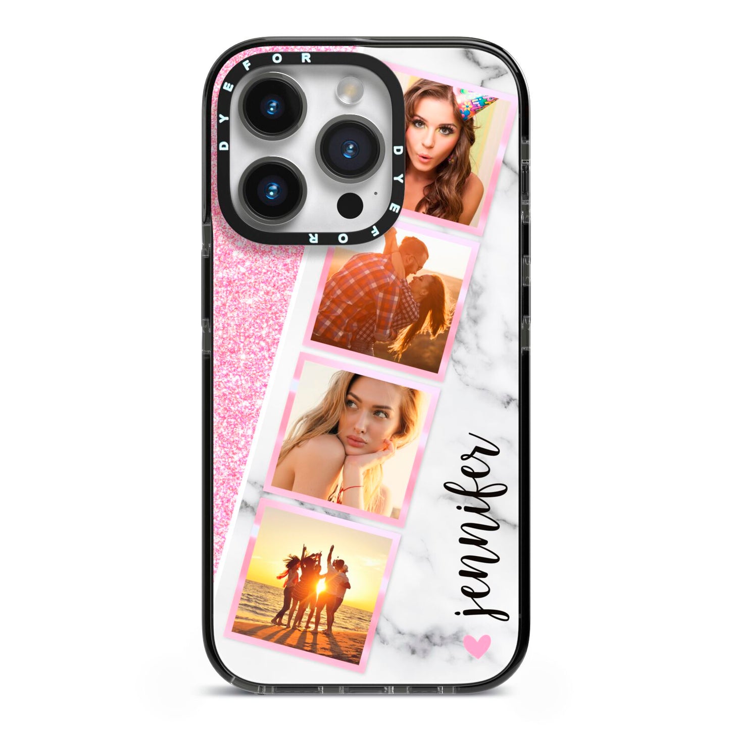 Personalised Pink Marble Photo Strip iPhone 14 Pro Black Impact Case on Silver phone