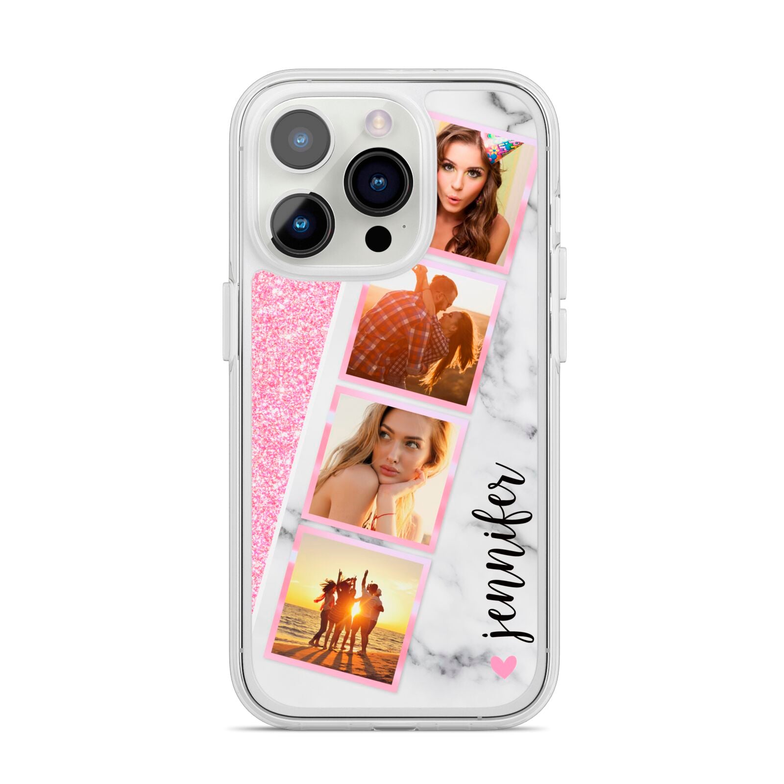 Personalised Pink Marble Photo Strip iPhone 14 Pro Clear Tough Case Silver