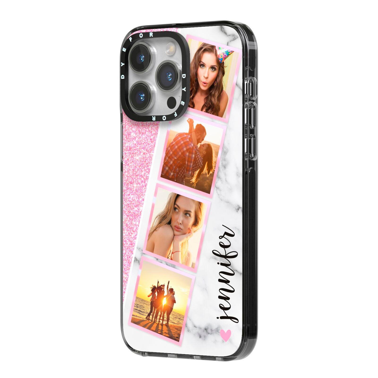 Personalised Pink Marble Photo Strip iPhone 14 Pro Max Black Impact Case Side Angle on Silver phone