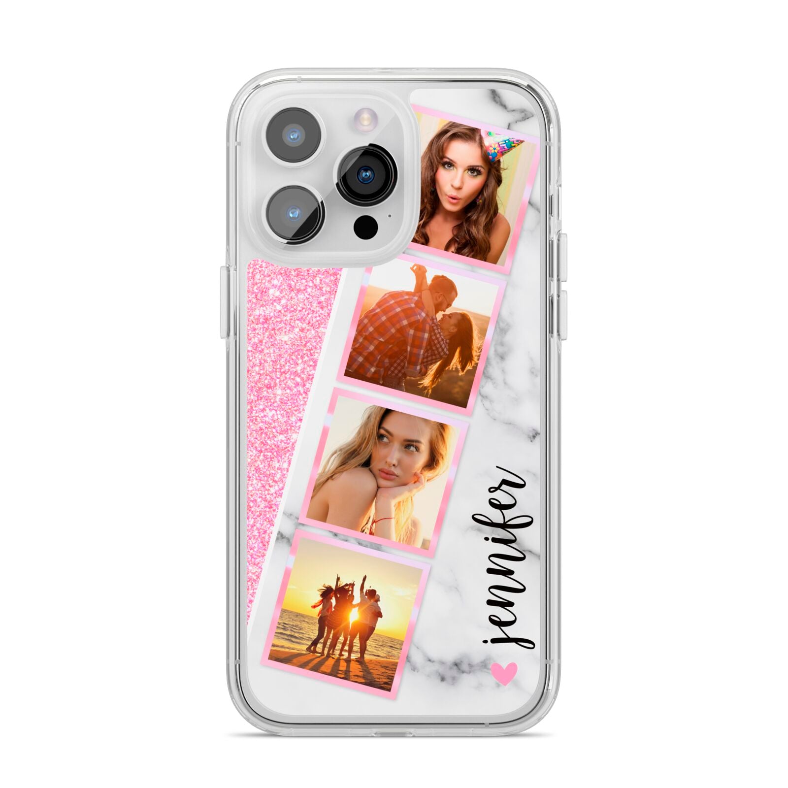 Personalised Pink Marble Photo Strip iPhone 14 Pro Max Clear Tough Case Silver