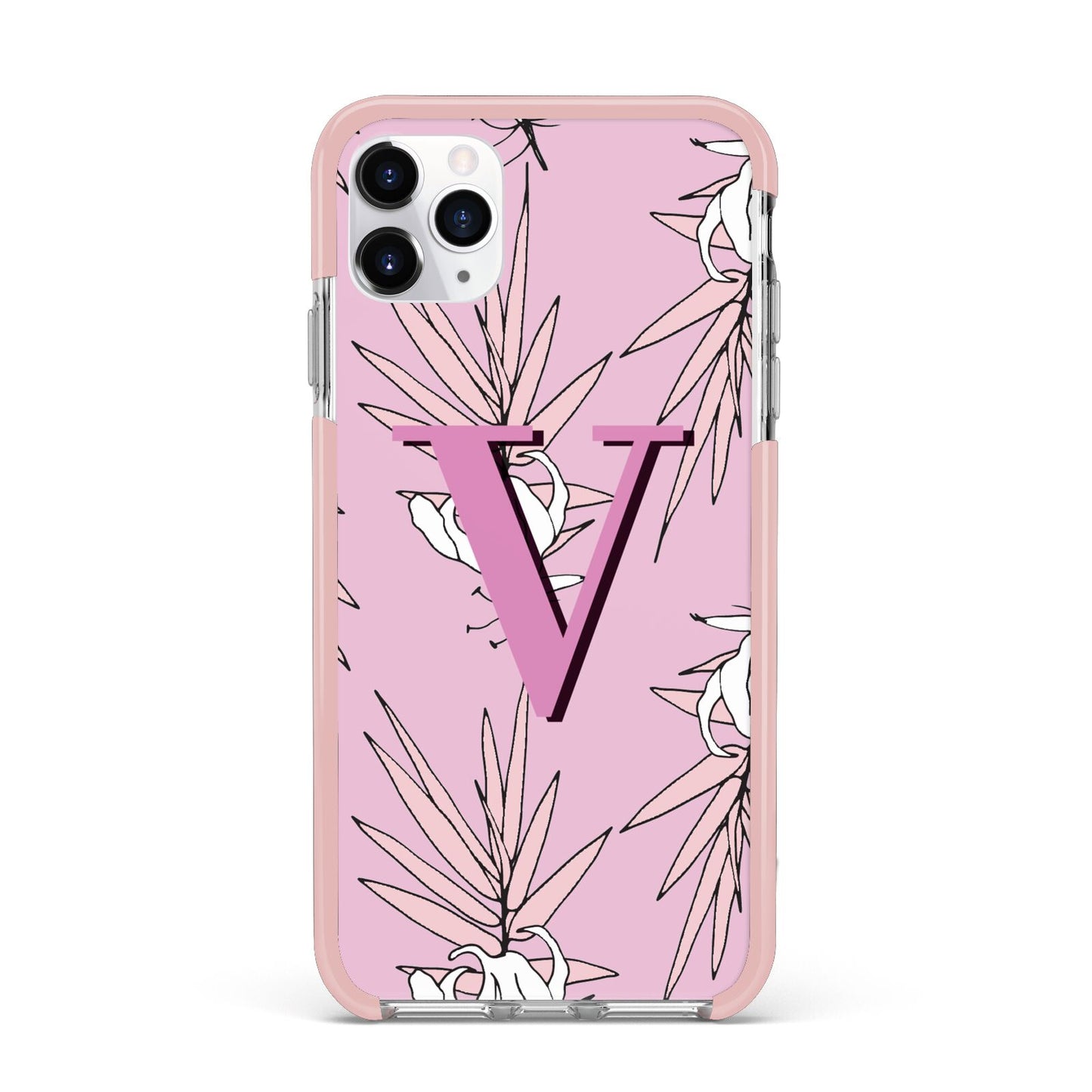 Personalised Pink and White Floral Monogram iPhone 11 Pro Max Impact Pink Edge Case