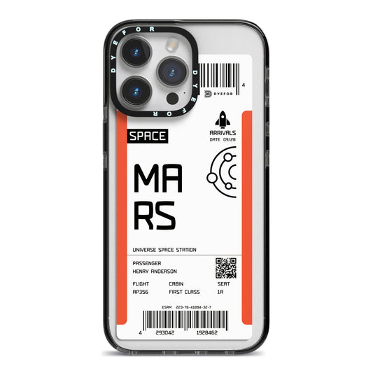 Personalised Planet Boarding Pass iPhone 14 Pro Max Black Impact Case on Silver phone