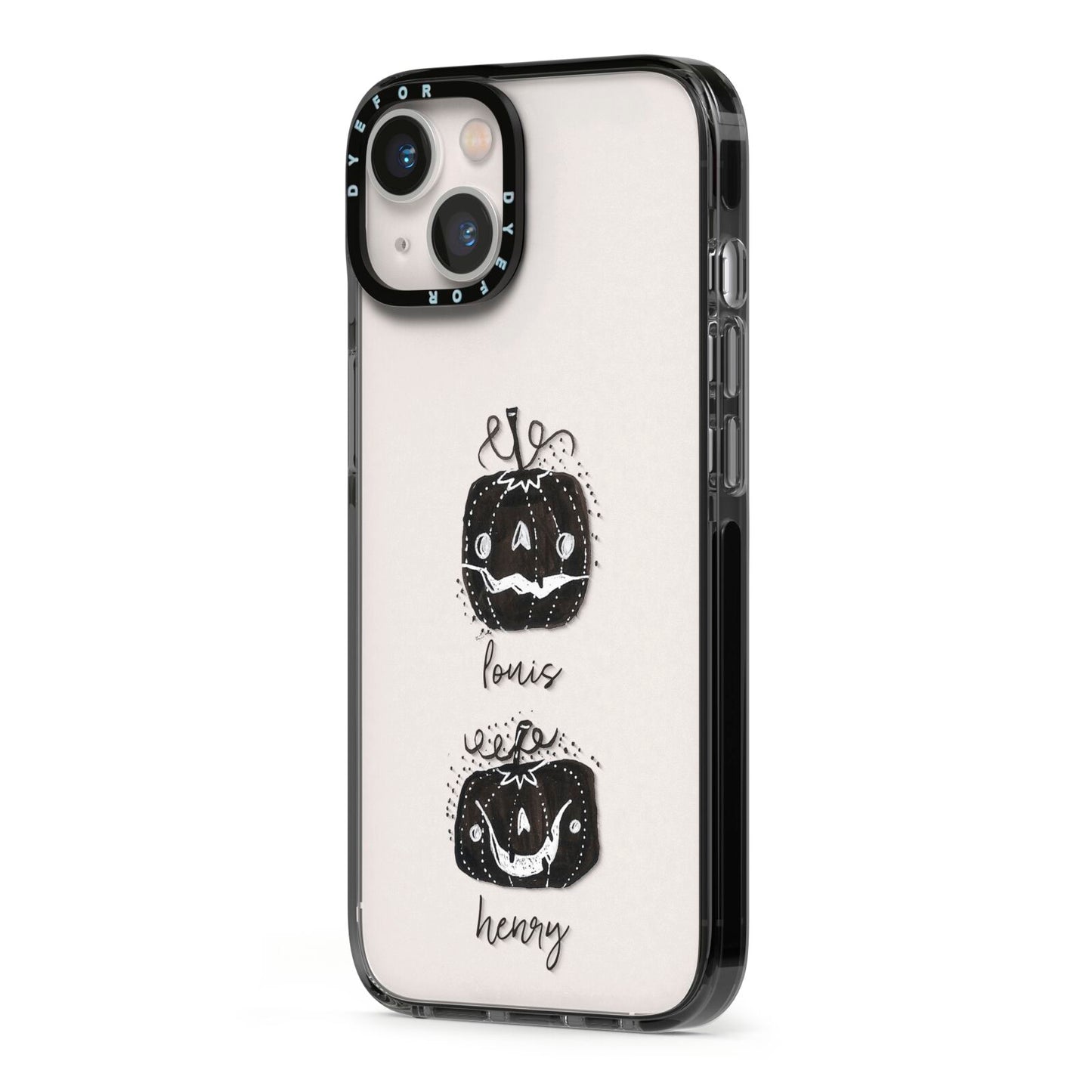 Personalised Pumpkins iPhone 13 Black Impact Case Side Angle on Silver phone