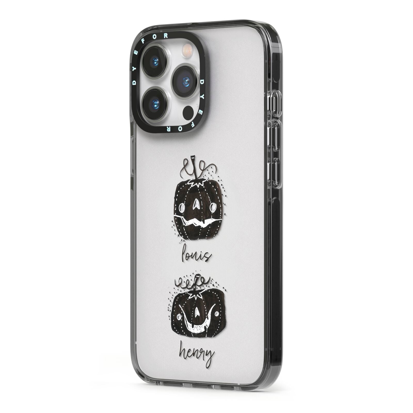 Personalised Pumpkins iPhone 13 Pro Black Impact Case Side Angle on Silver phone