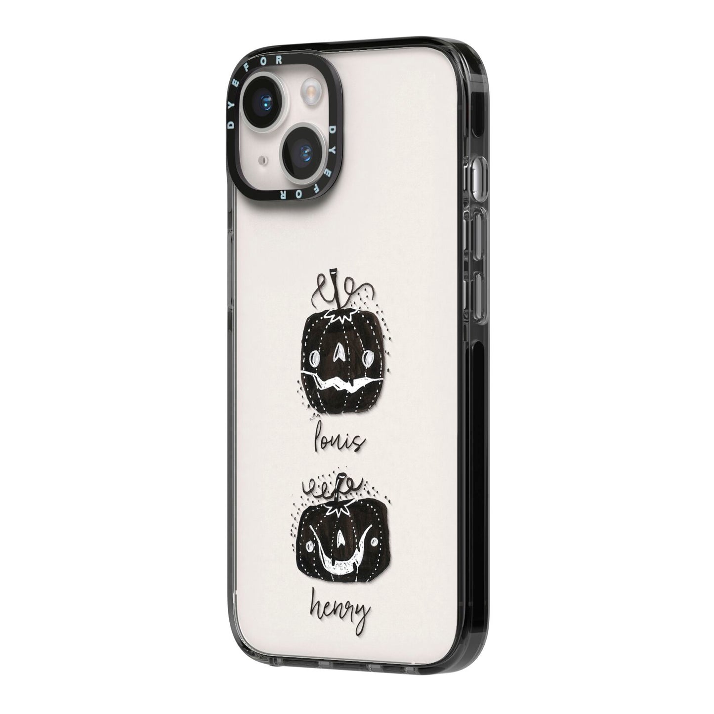 Personalised Pumpkins iPhone 14 Black Impact Case Side Angle on Silver phone