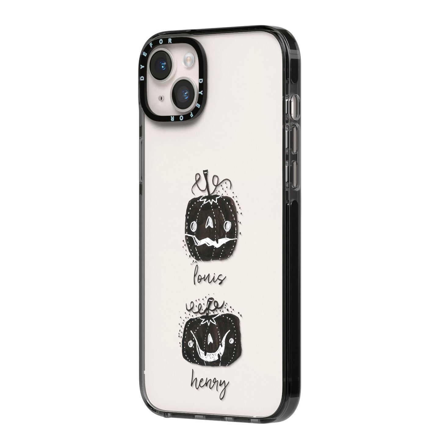 Personalised Pumpkins iPhone 14 Plus Black Impact Case Side Angle on Silver phone