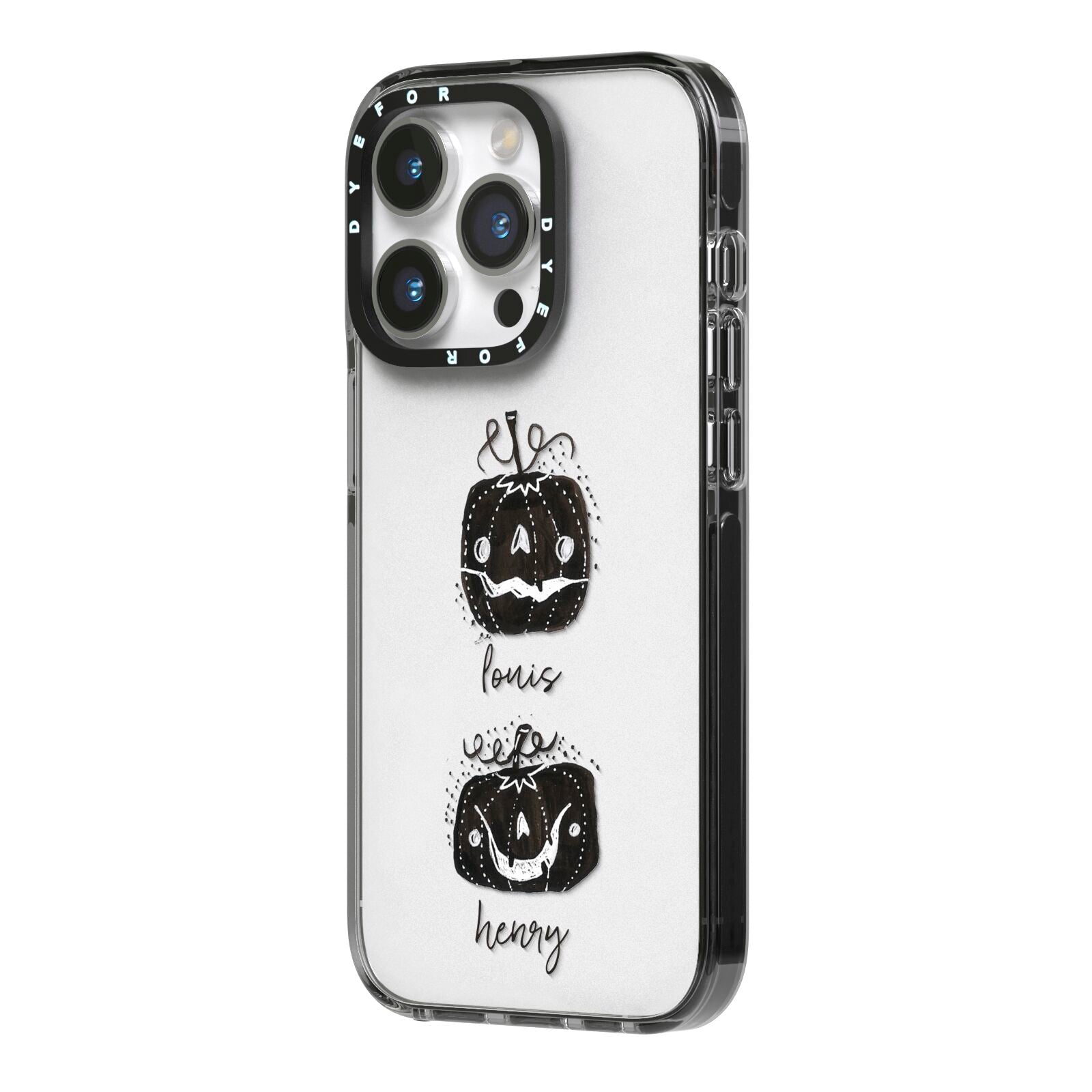 Personalised Pumpkins iPhone 14 Pro Black Impact Case Side Angle on Silver phone