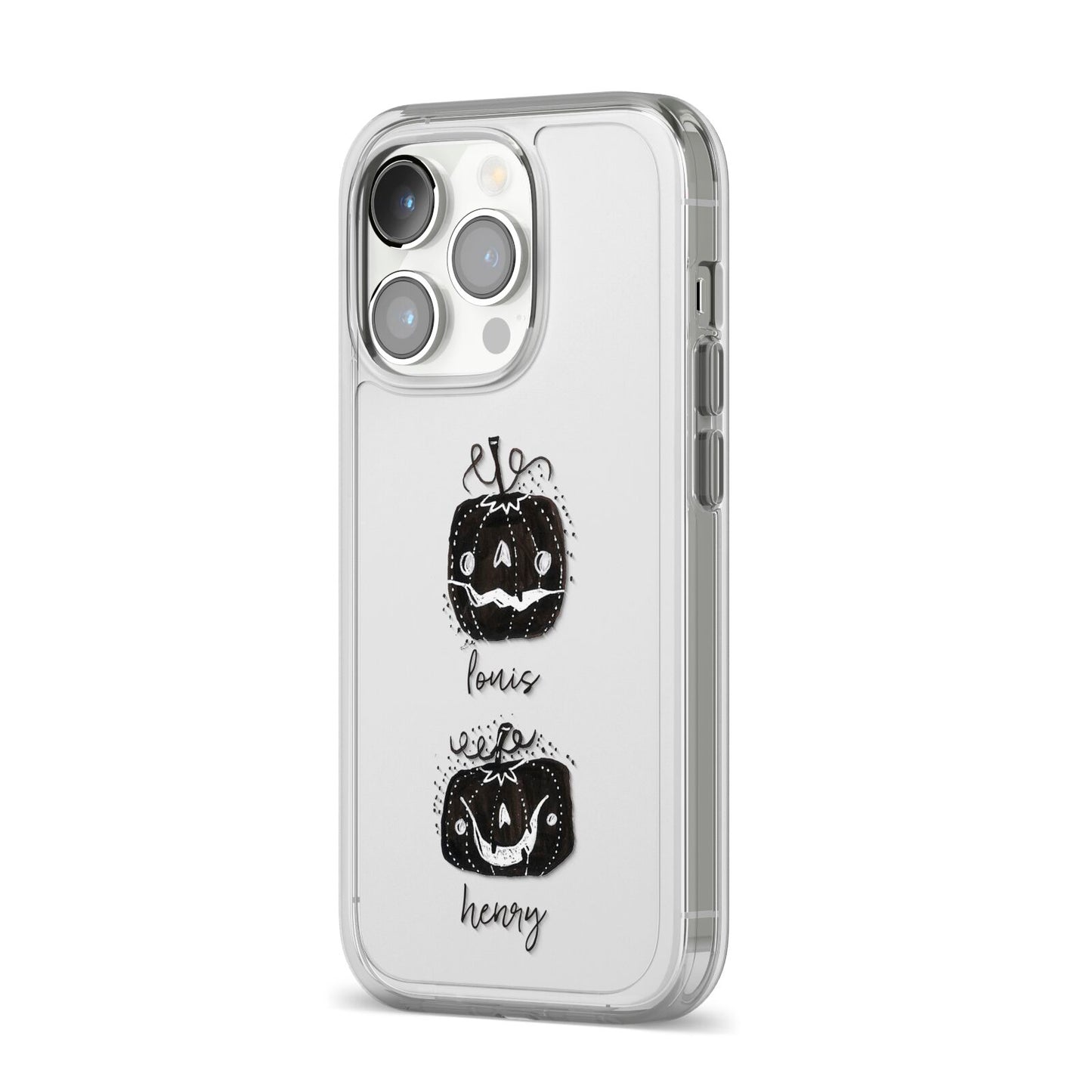 Personalised Pumpkins iPhone 14 Pro Clear Tough Case Silver Angled Image