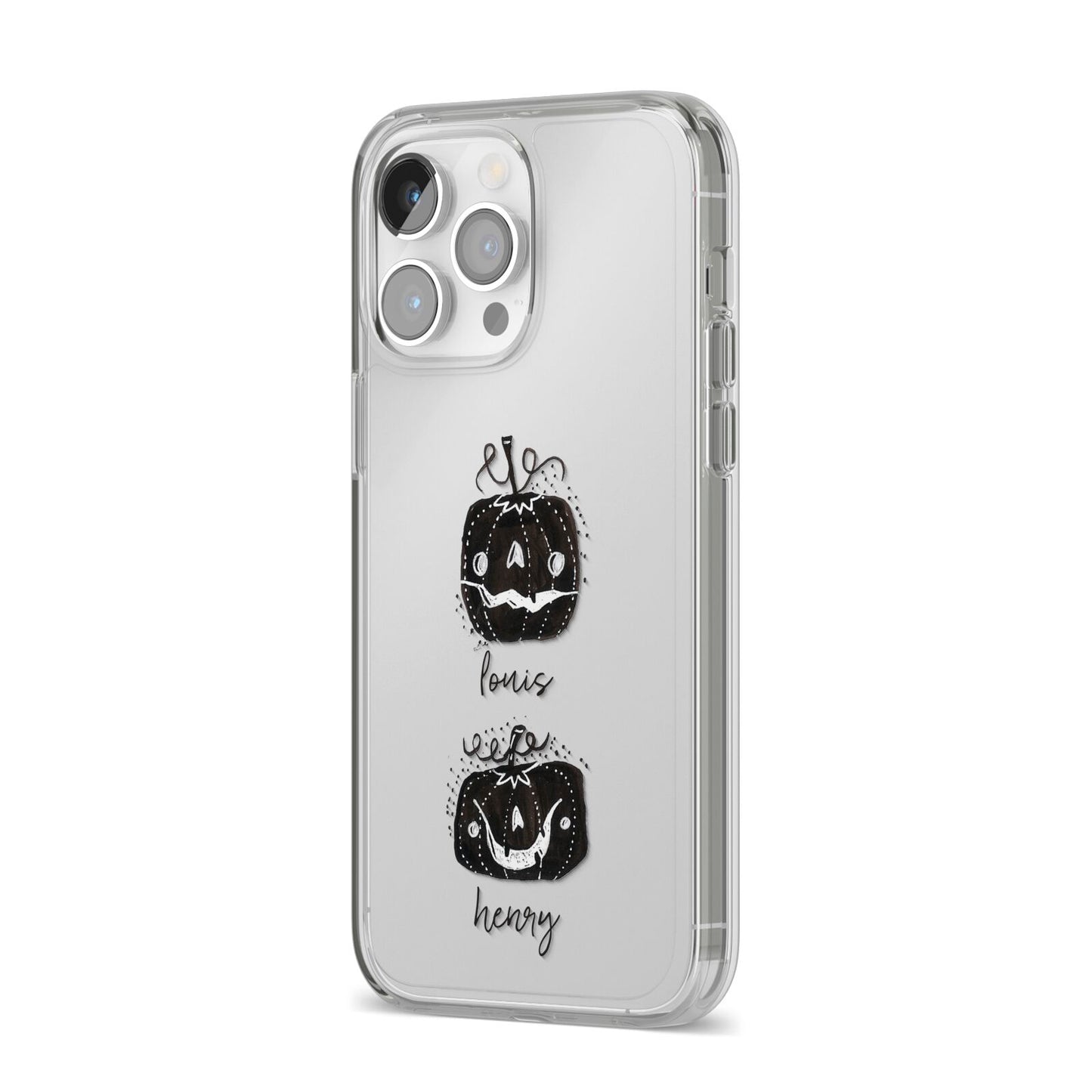 Personalised Pumpkins iPhone 14 Pro Max Clear Tough Case Silver Angled Image