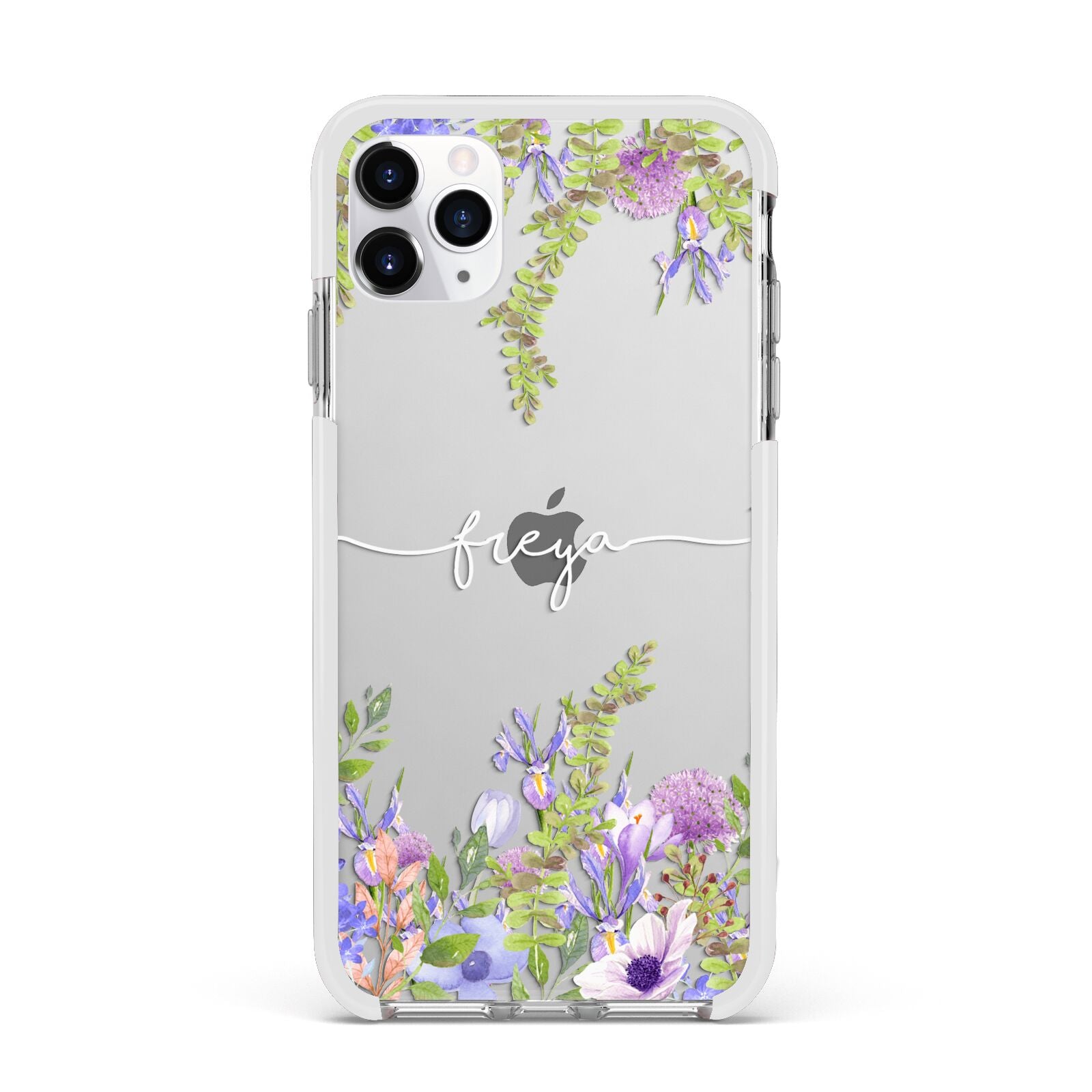 Personalised Purple Flowers Apple iPhone 11 Pro Max in Silver with White Impact Case