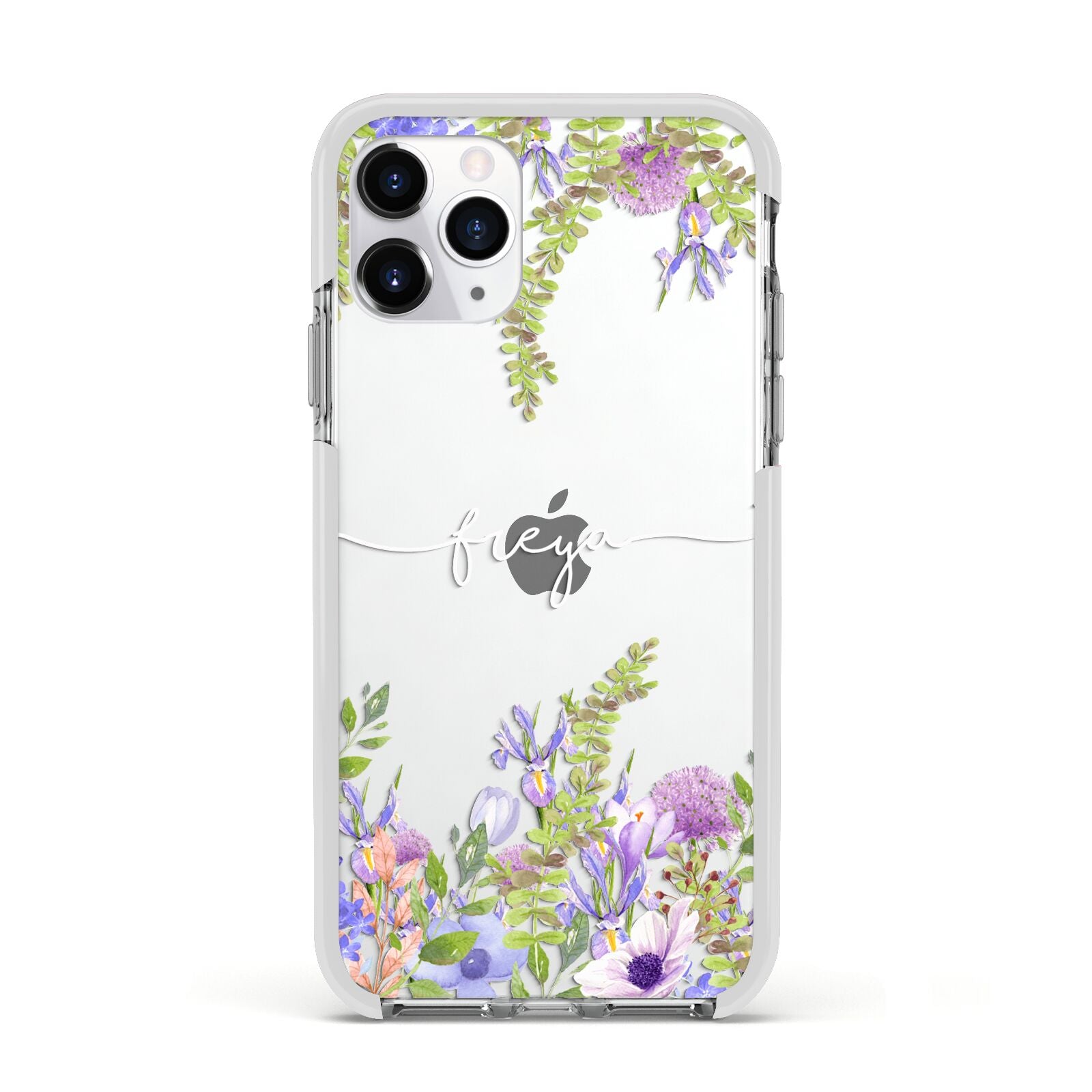 Personalised Purple Flowers Apple iPhone 11 Pro in Silver with White Impact Case