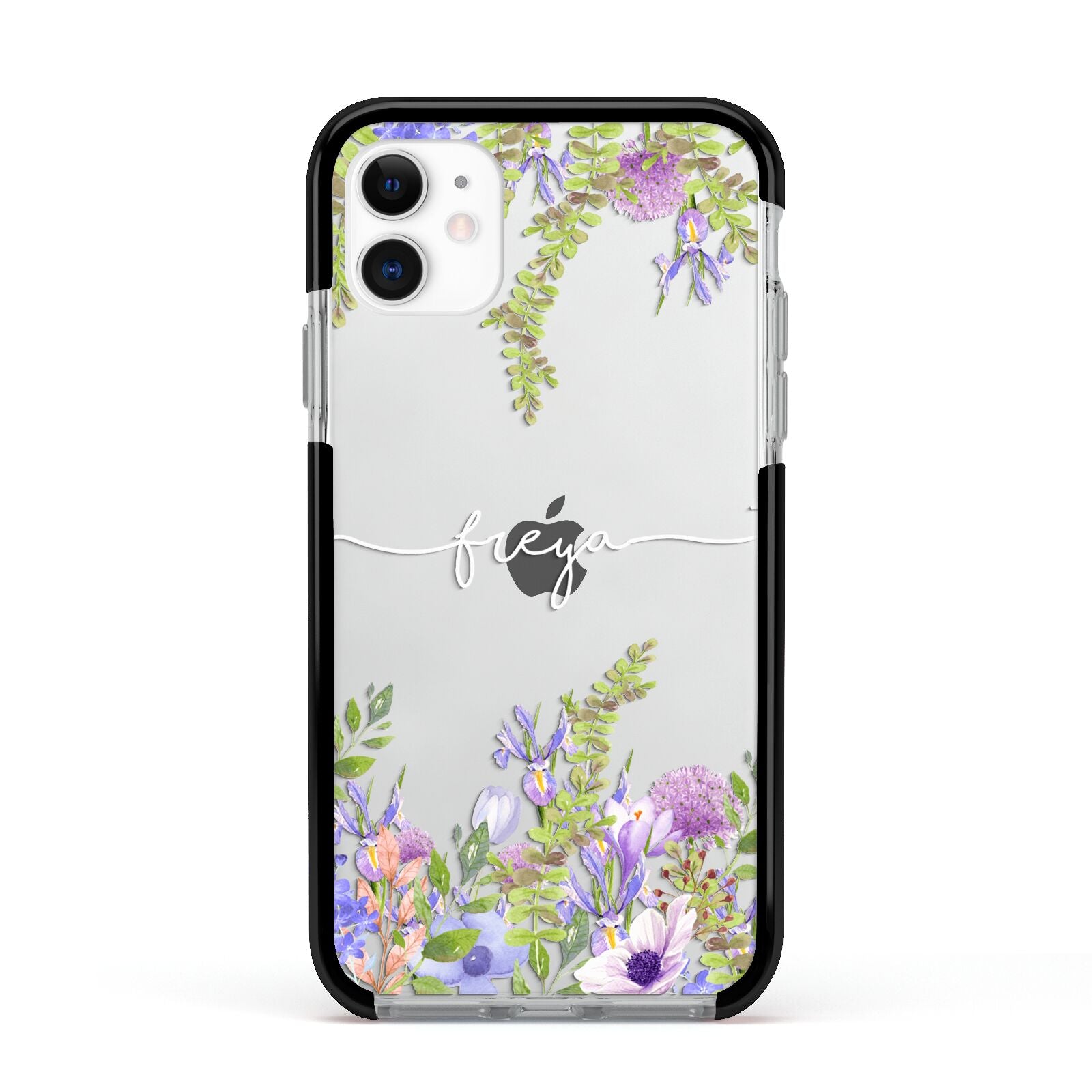 Personalised Purple Flowers Apple iPhone 11 in White with Black Impact Case