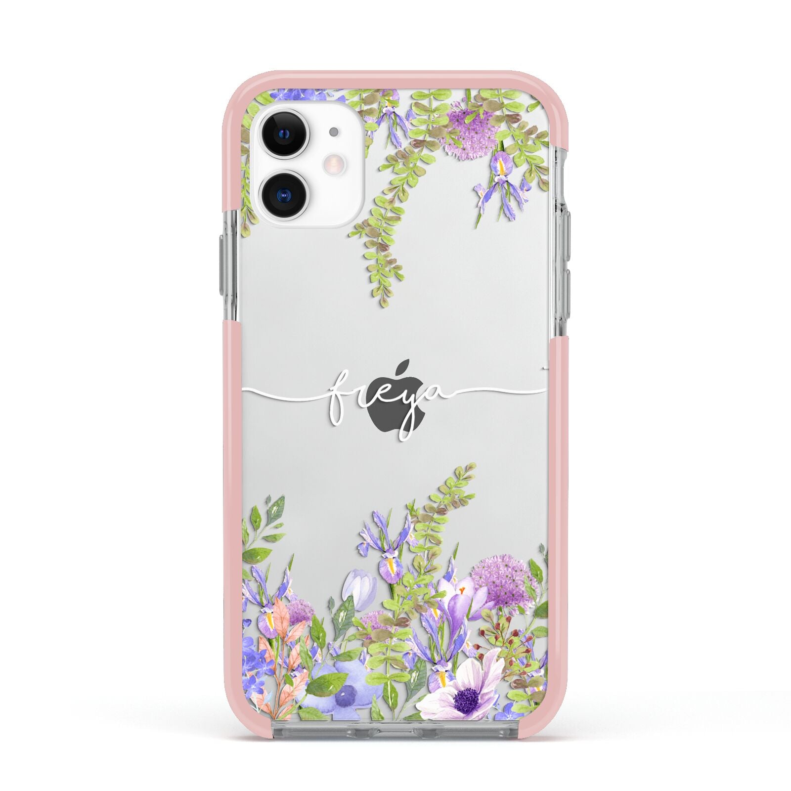 Personalised Purple Flowers Apple iPhone 11 in White with Pink Impact Case