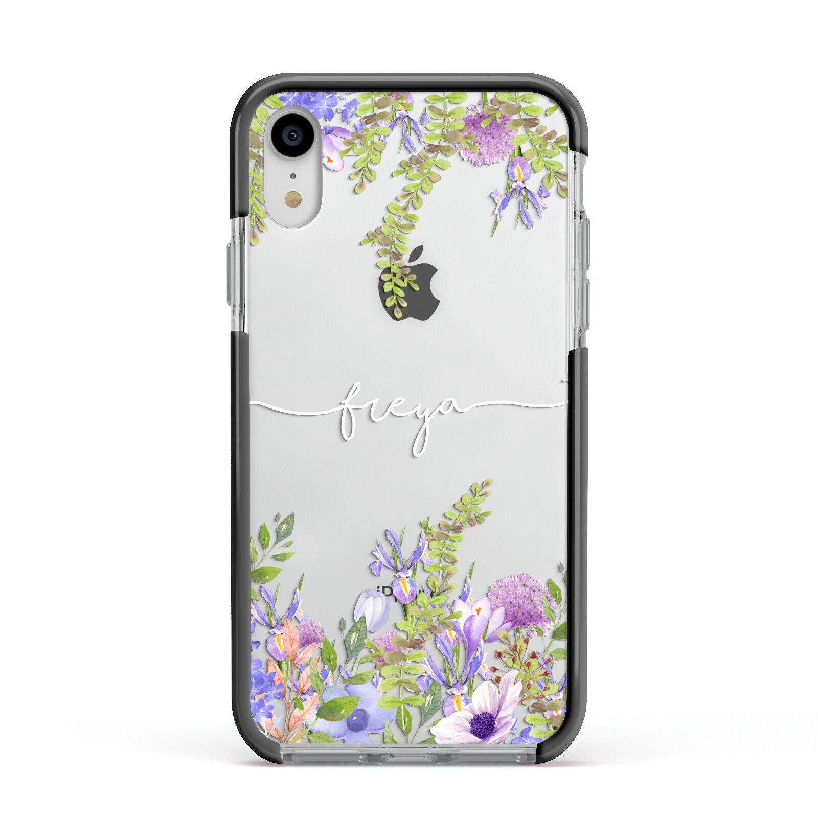Personalised Purple Flowers Apple iPhone XR Impact Case Black Edge on Silver Phone