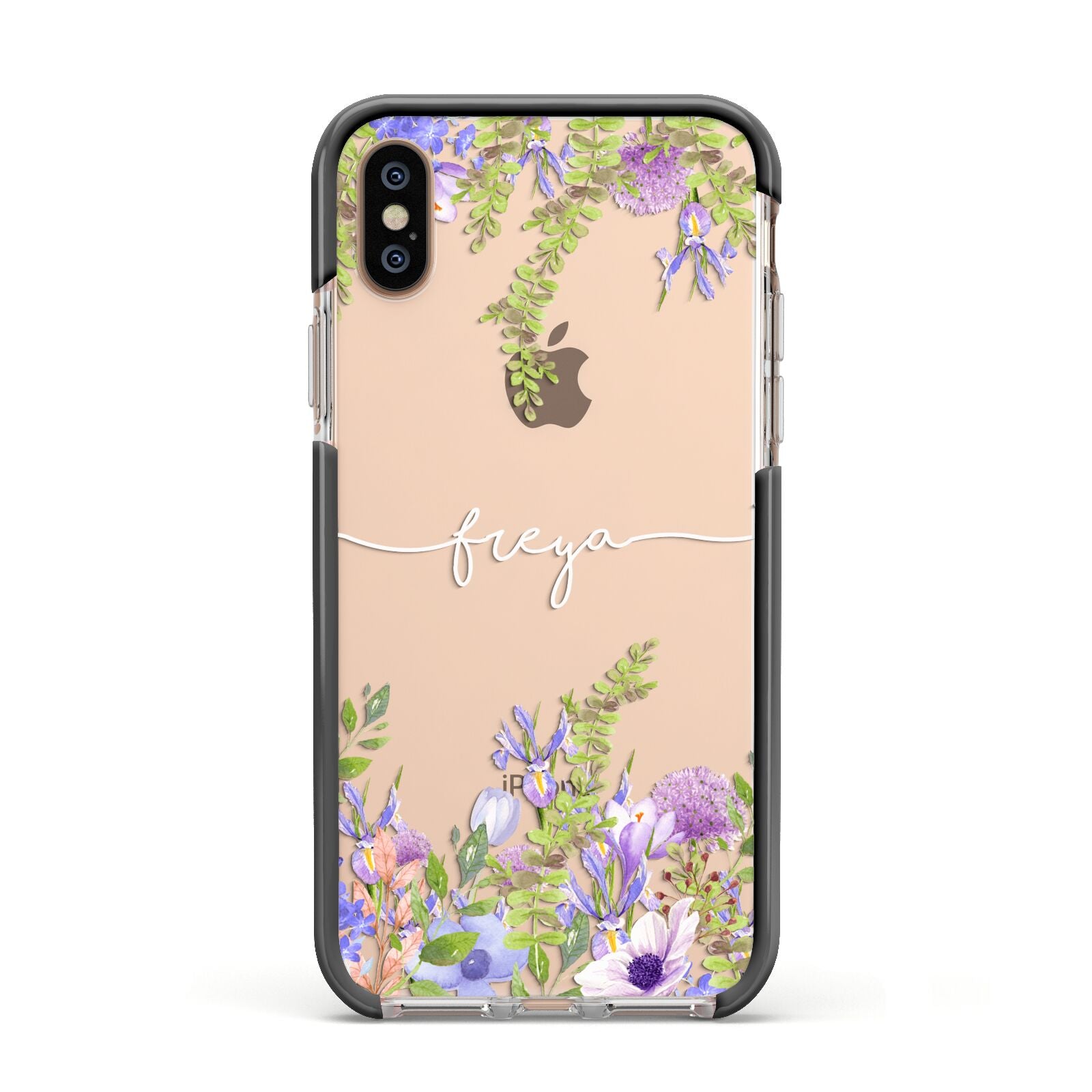 Personalised Purple Flowers Apple iPhone Xs Impact Case Black Edge on Gold Phone