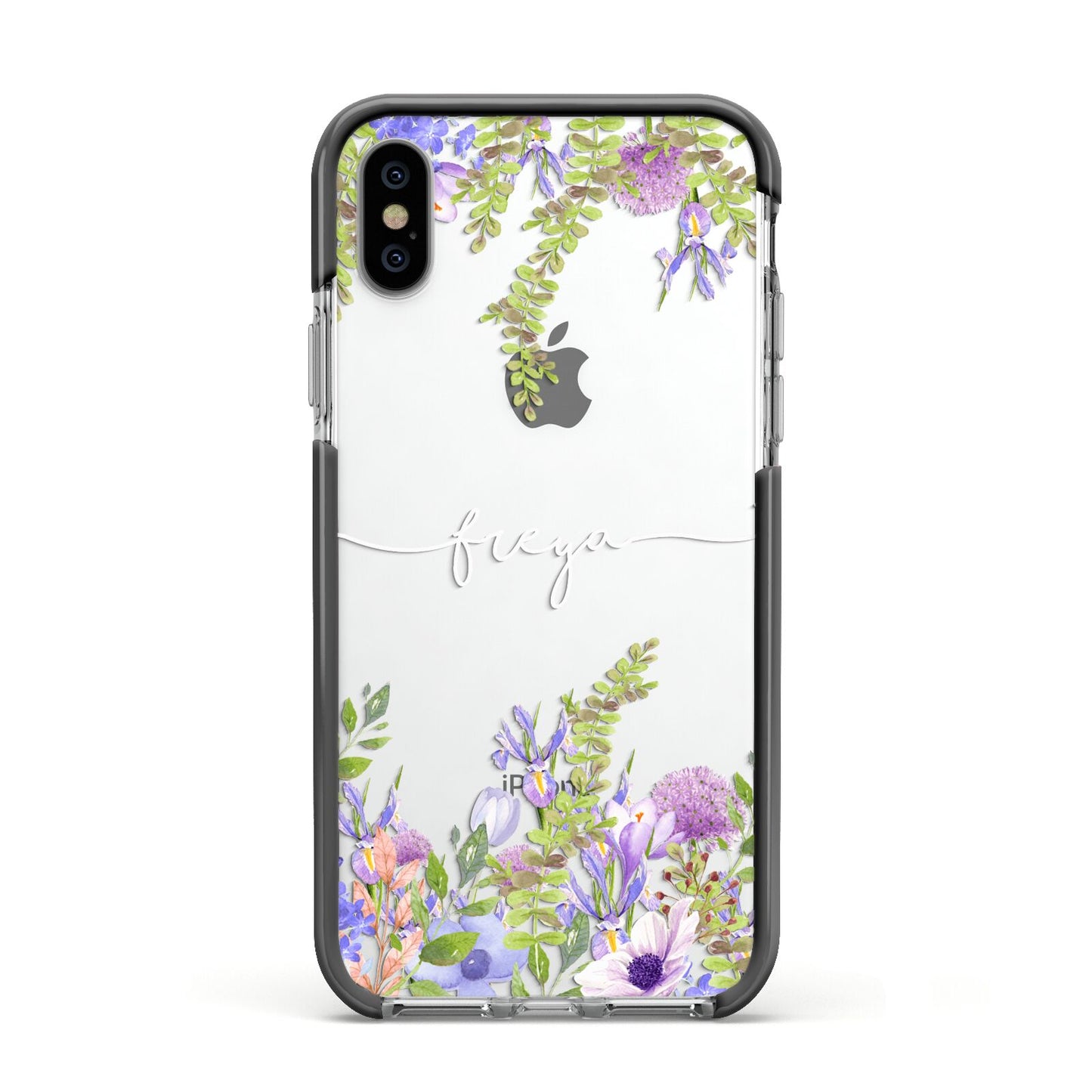 Personalised Purple Flowers Apple iPhone Xs Impact Case Black Edge on Silver Phone