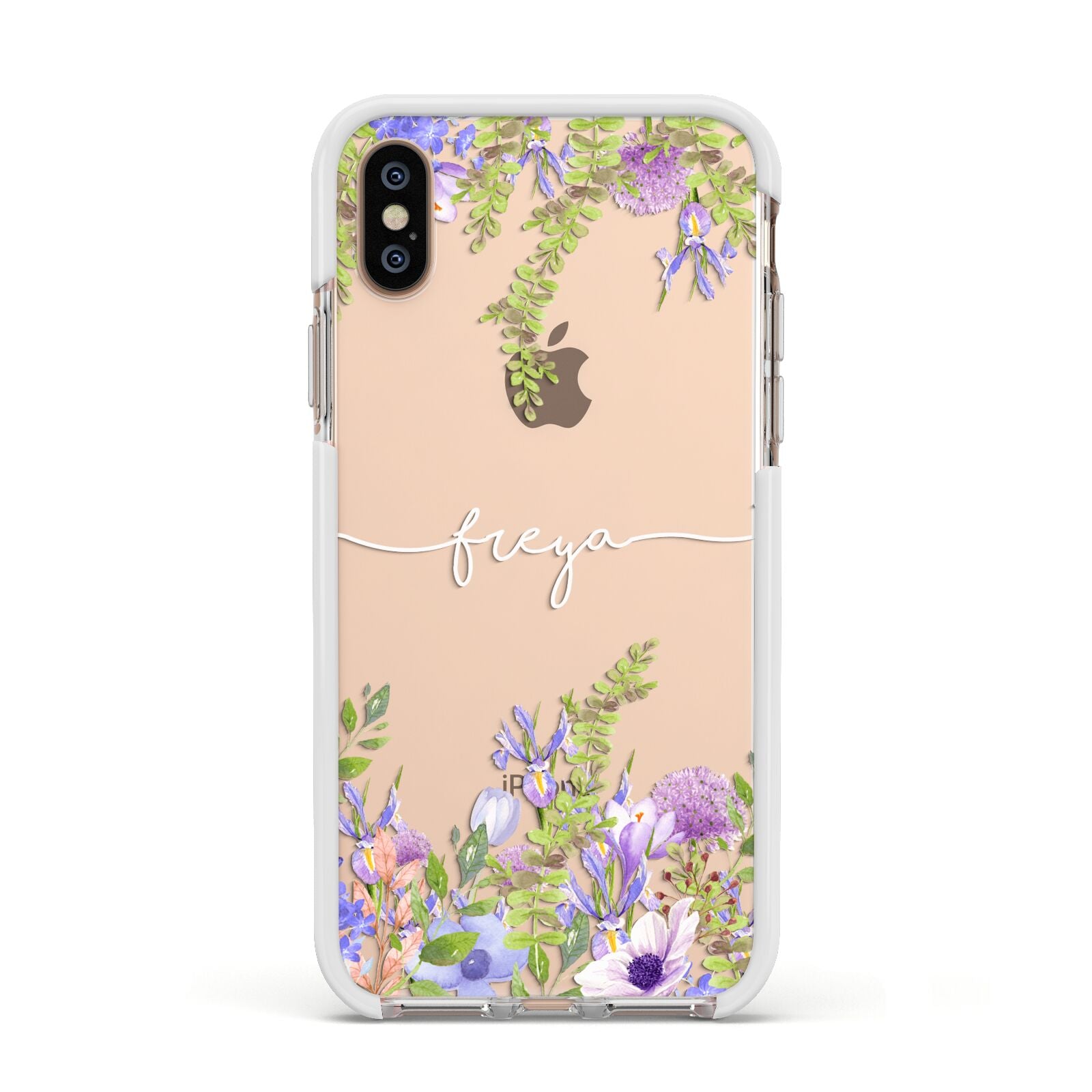 Personalised Purple Flowers Apple iPhone Xs Impact Case White Edge on Gold Phone