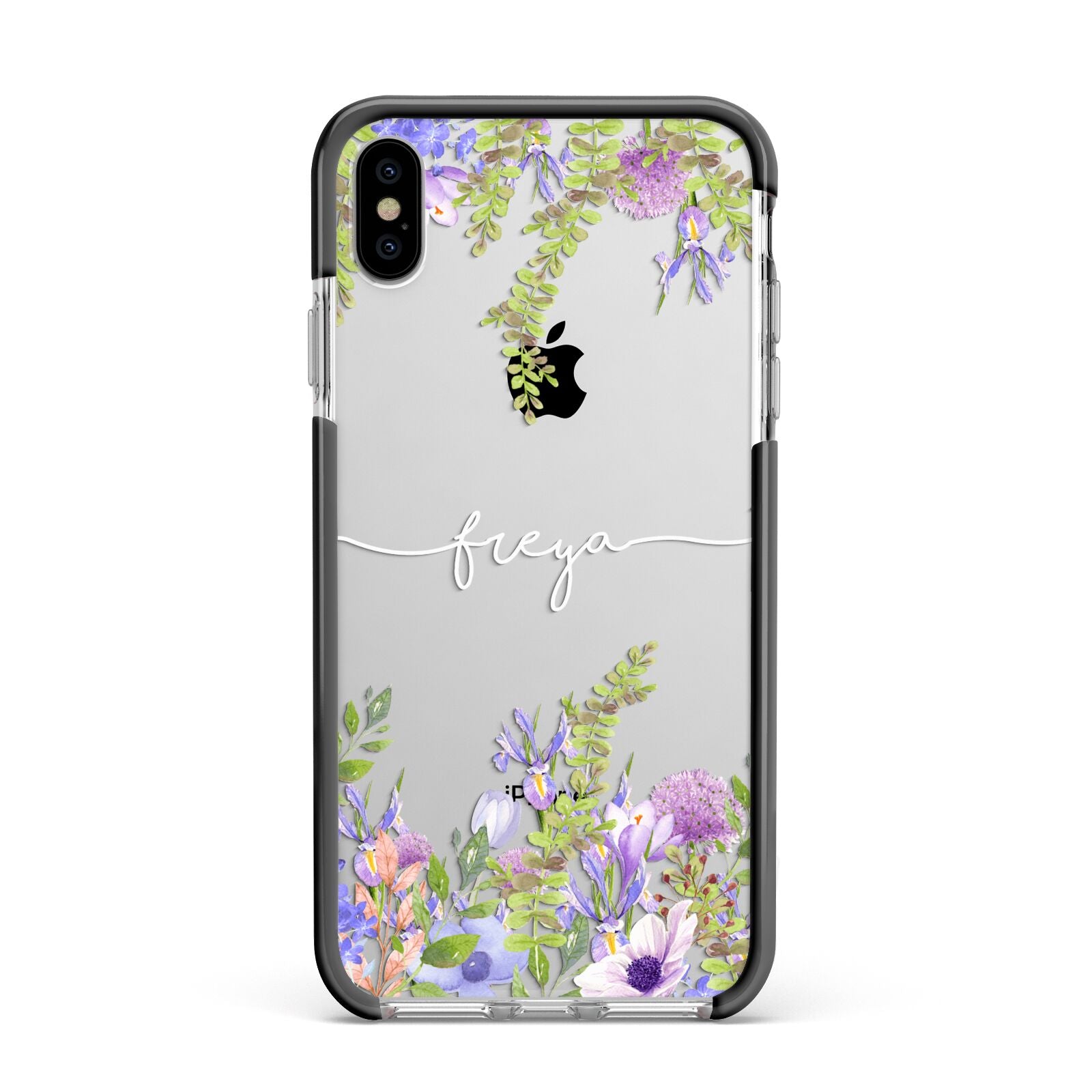 Personalised Purple Flowers Apple iPhone Xs Max Impact Case Black Edge on Silver Phone