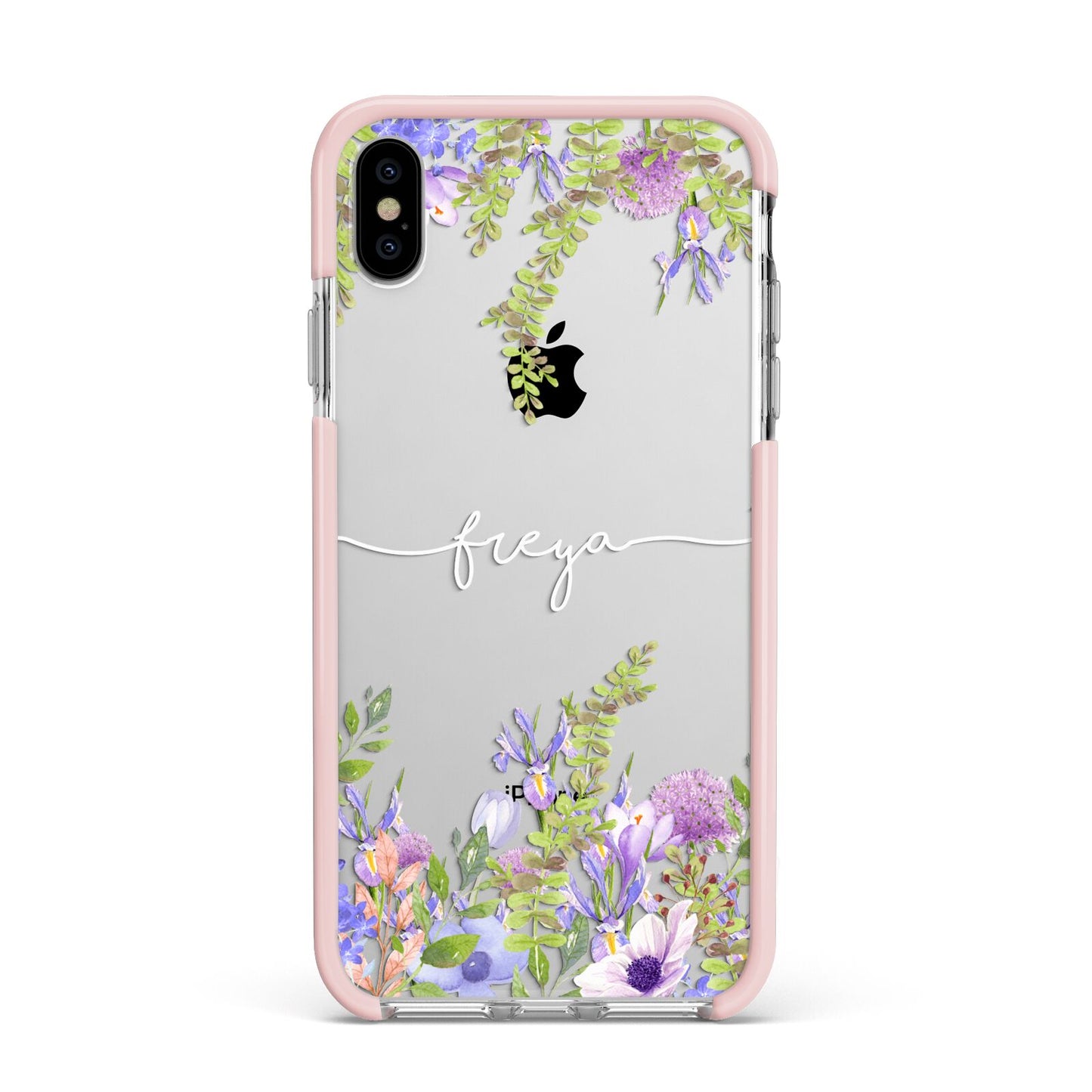 Personalised Purple Flowers Apple iPhone Xs Max Impact Case Pink Edge on Silver Phone