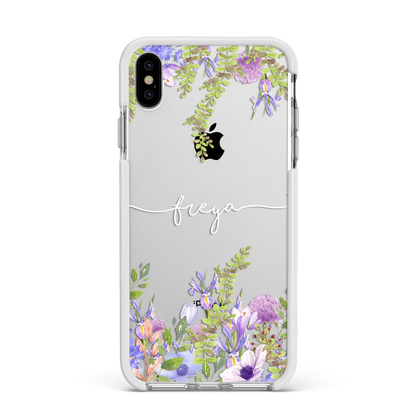 Personalised Purple Flowers Apple iPhone Xs Max Impact Case White Edge on Silver Phone