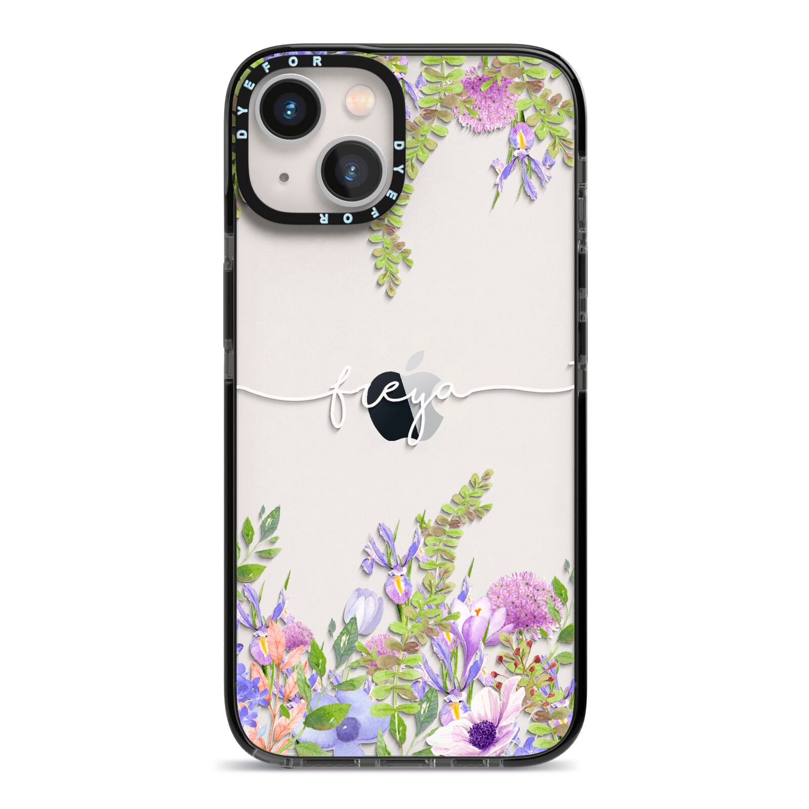 Personalised Purple Flowers iPhone 13 Black Impact Case on Silver phone