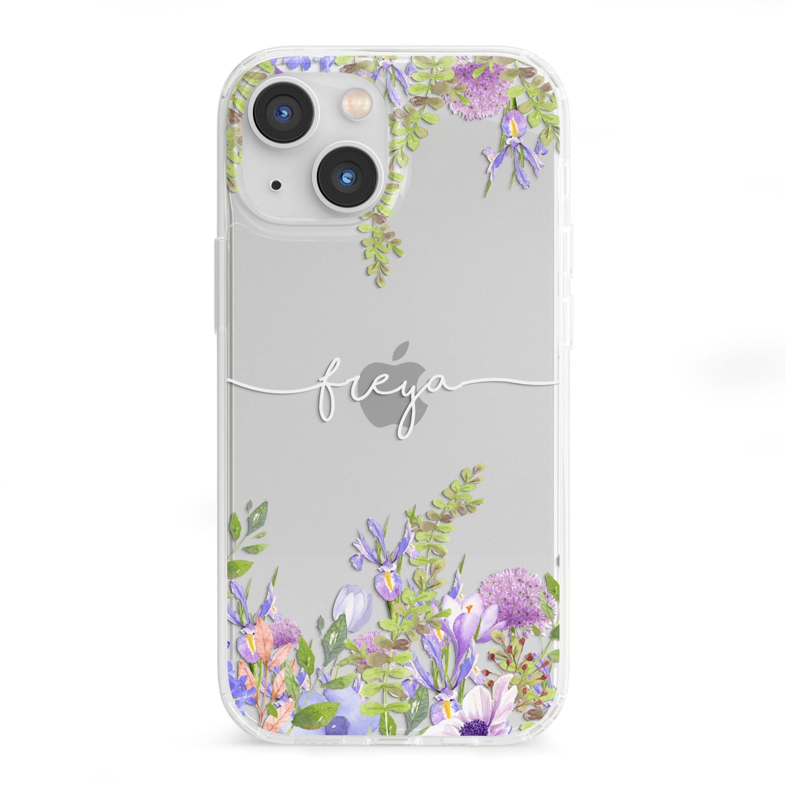 Personalised Purple Flowers iPhone 13 Mini Clear Bumper Case