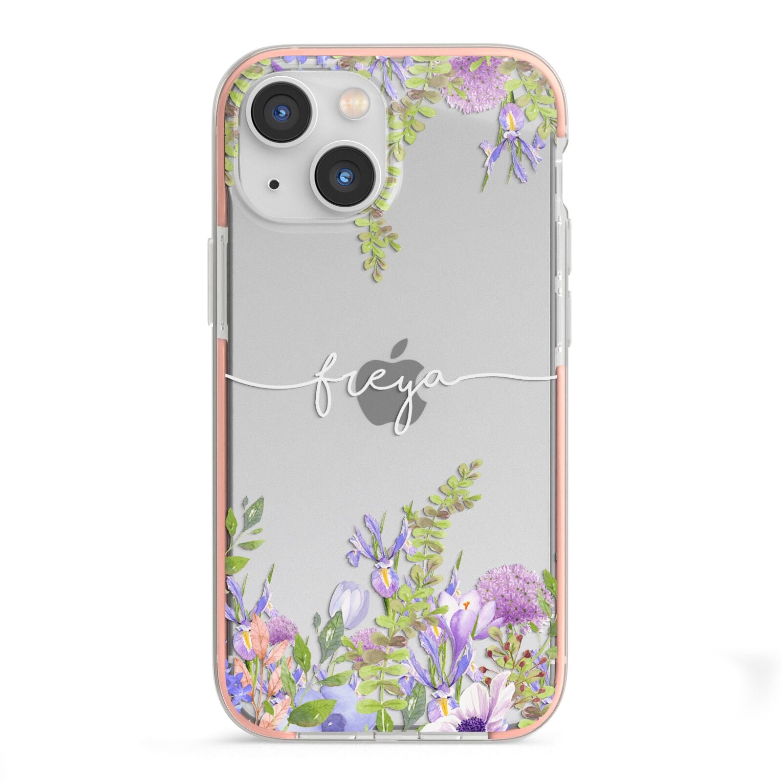 Personalised Purple Flowers iPhone 13 Mini TPU Impact Case with Pink Edges