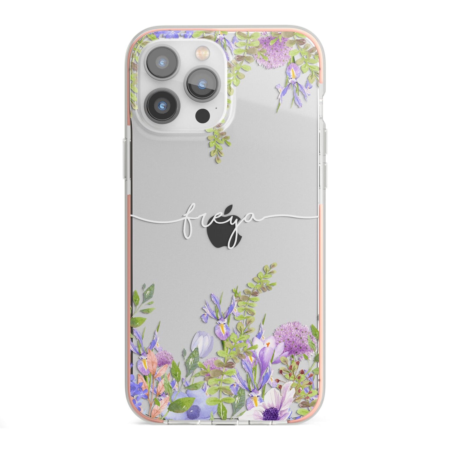 Personalised Purple Flowers iPhone 13 Pro Max TPU Impact Case with Pink Edges