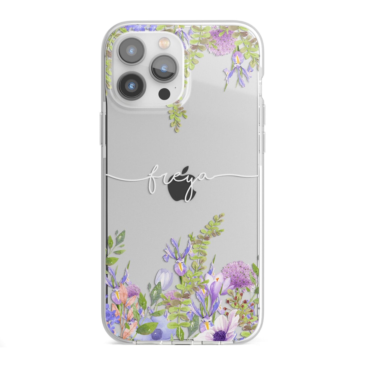 Personalised Purple Flowers iPhone 13 Pro Max TPU Impact Case with White Edges